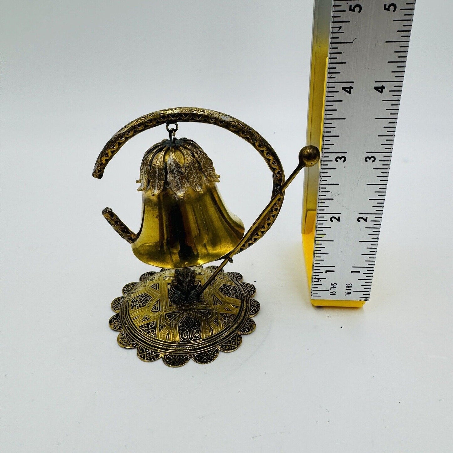 Brass Miniature Gong Ornate Bell Embossed 4in H Vintage Home Decor