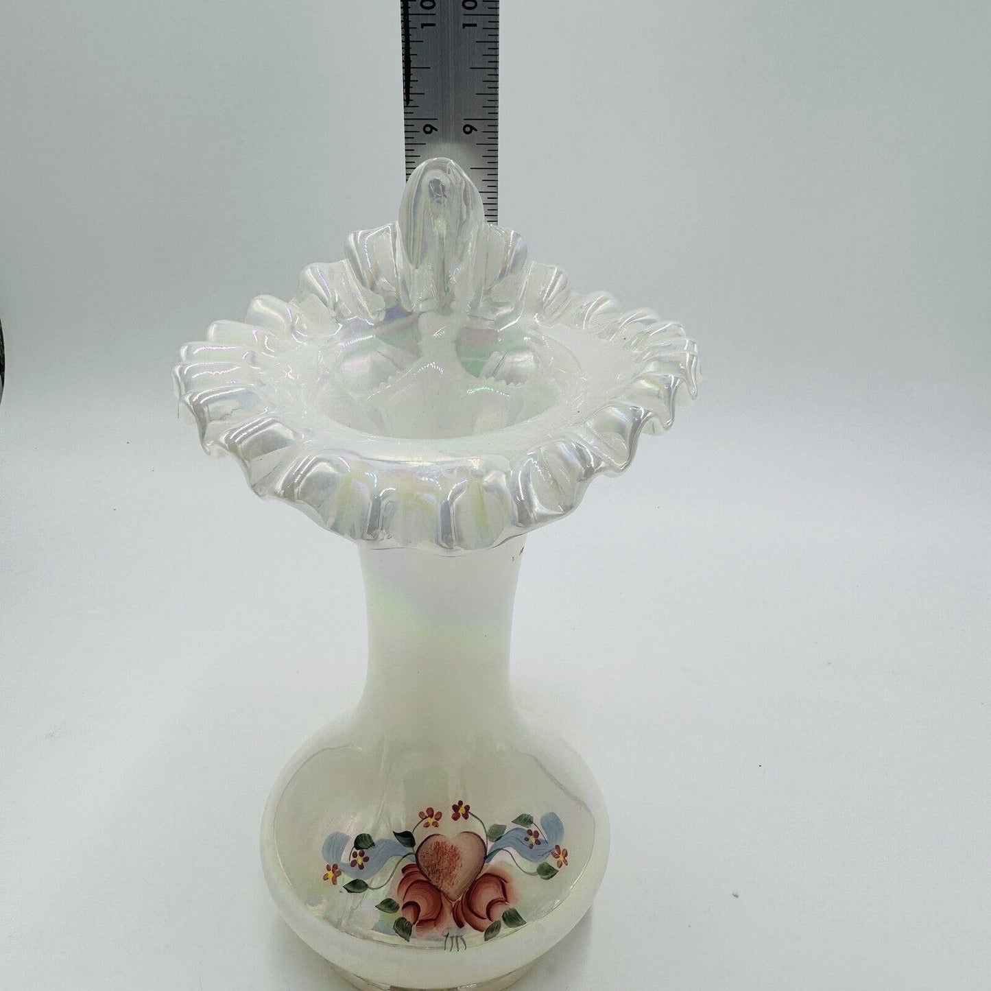 Fenton Art Glass Floral Iridescent Jack In The Pulpit Vase Handpainted Signed 9"