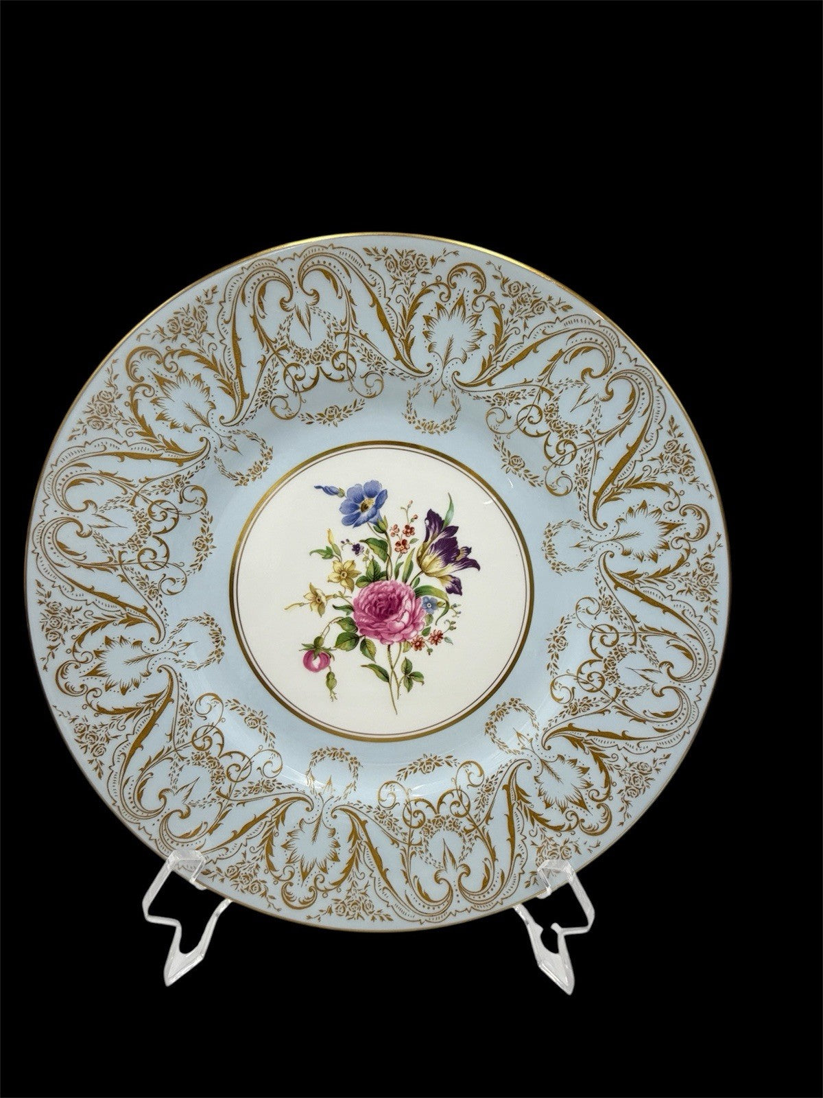 Royal Worcester England Embellished Floral Light Blue Gold Trim Dinner 10” Plate