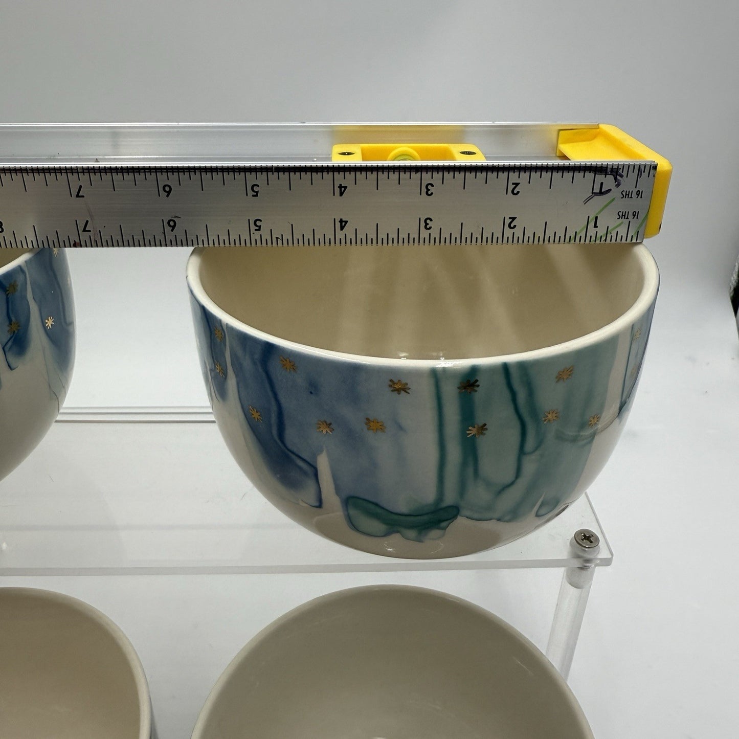 Anthropologie Night Sky Bowl Stoneware Blue Teal Drip Watercolor Gold Star Set 4