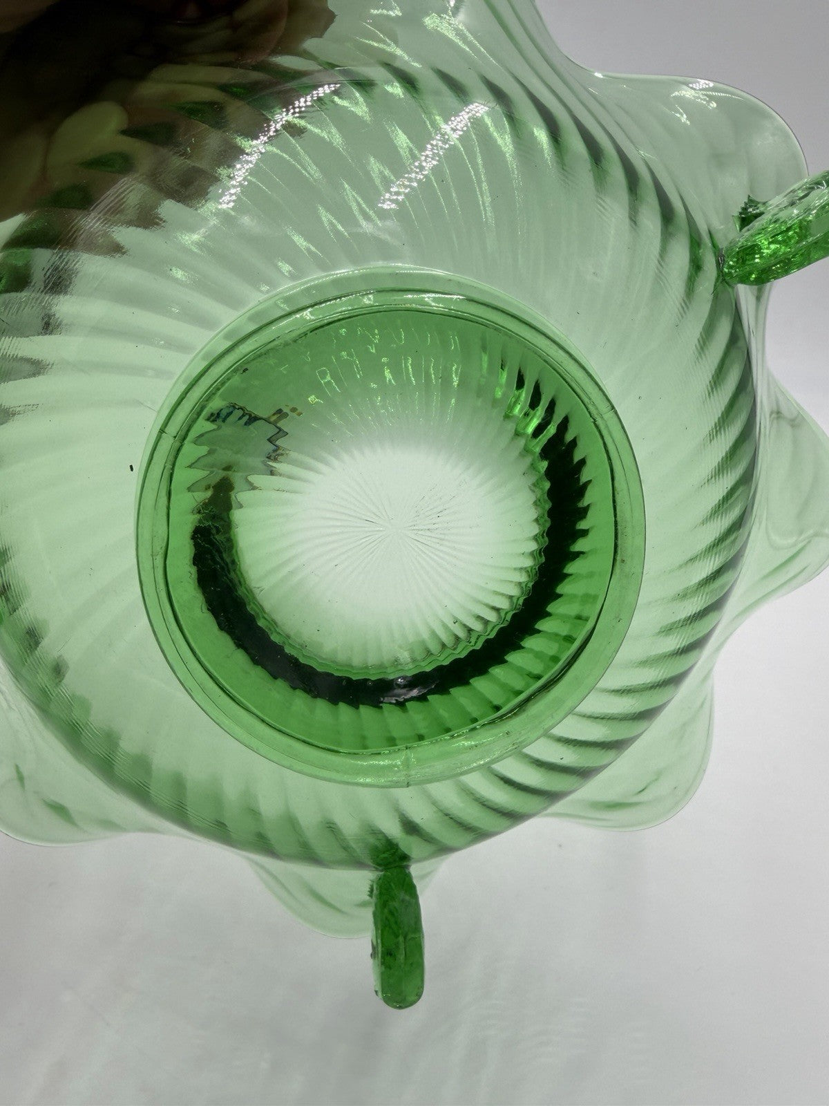 Rare Fenton Art Glass Green Emerald Scalloped Dolphin Art Deco Candy Bowl 3”x9”h