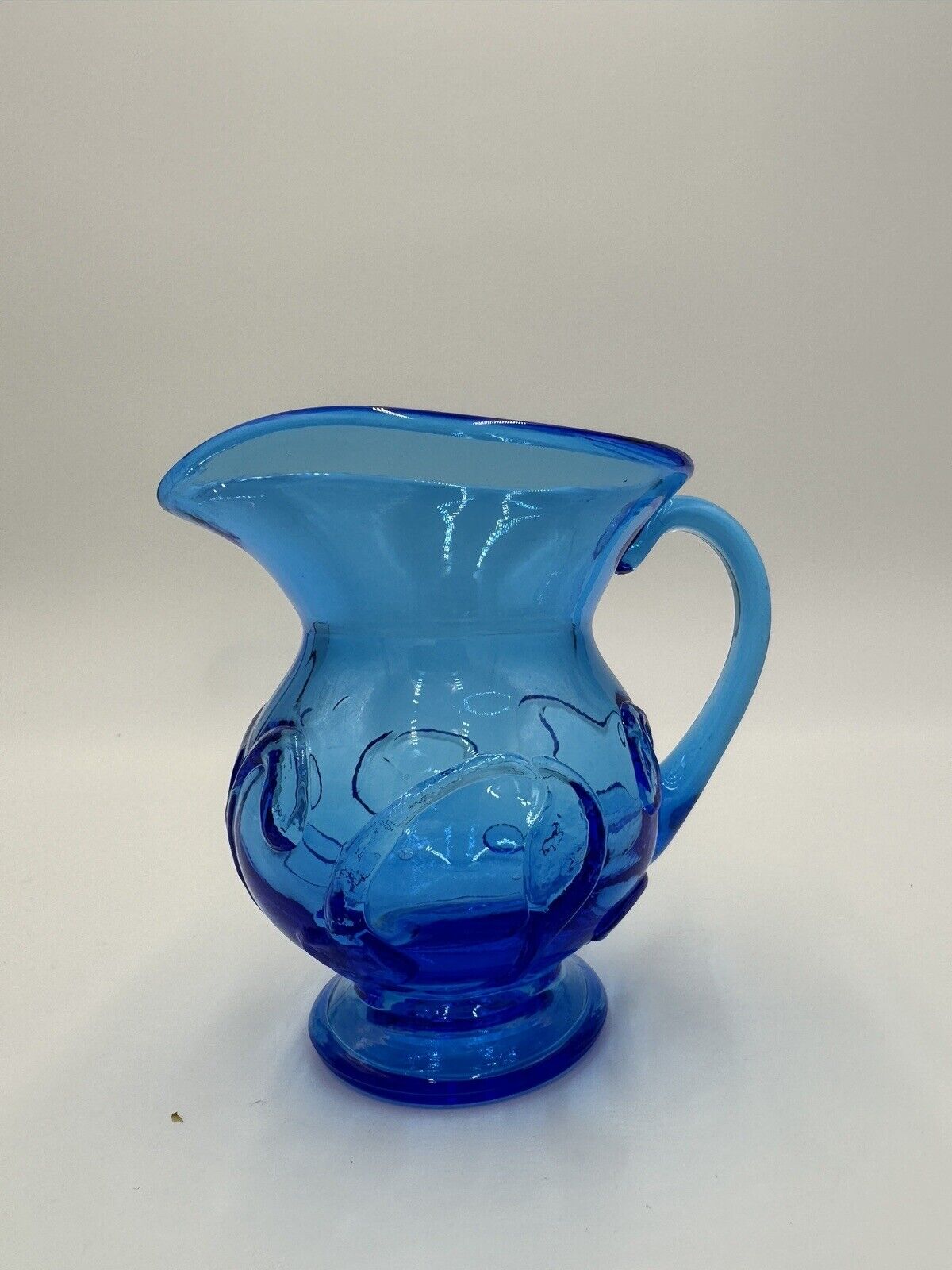 Electric Blue Pitcher Art Glass Hand Blown Floral Pressed Handled Decor Vintage
