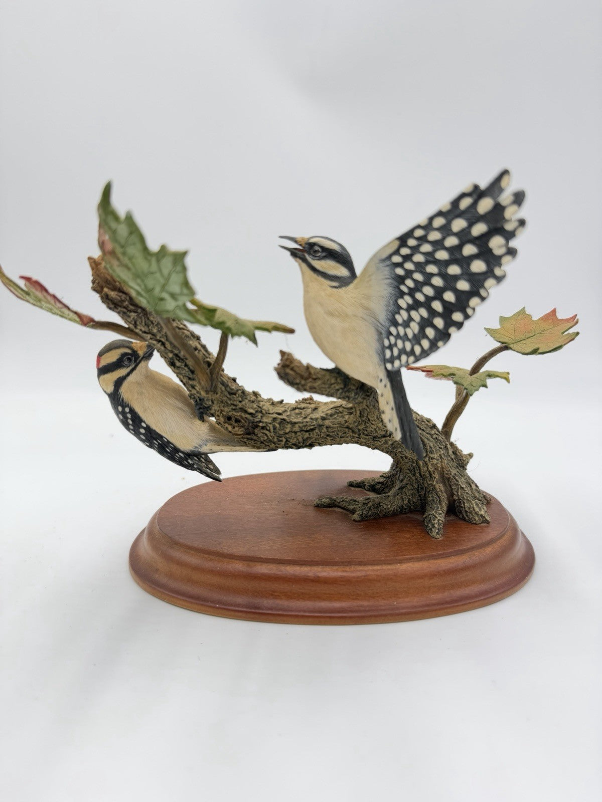 Danbury Mint Autumn Wonder Downy Woodpeckers Figurine Bob Guge Wood Base