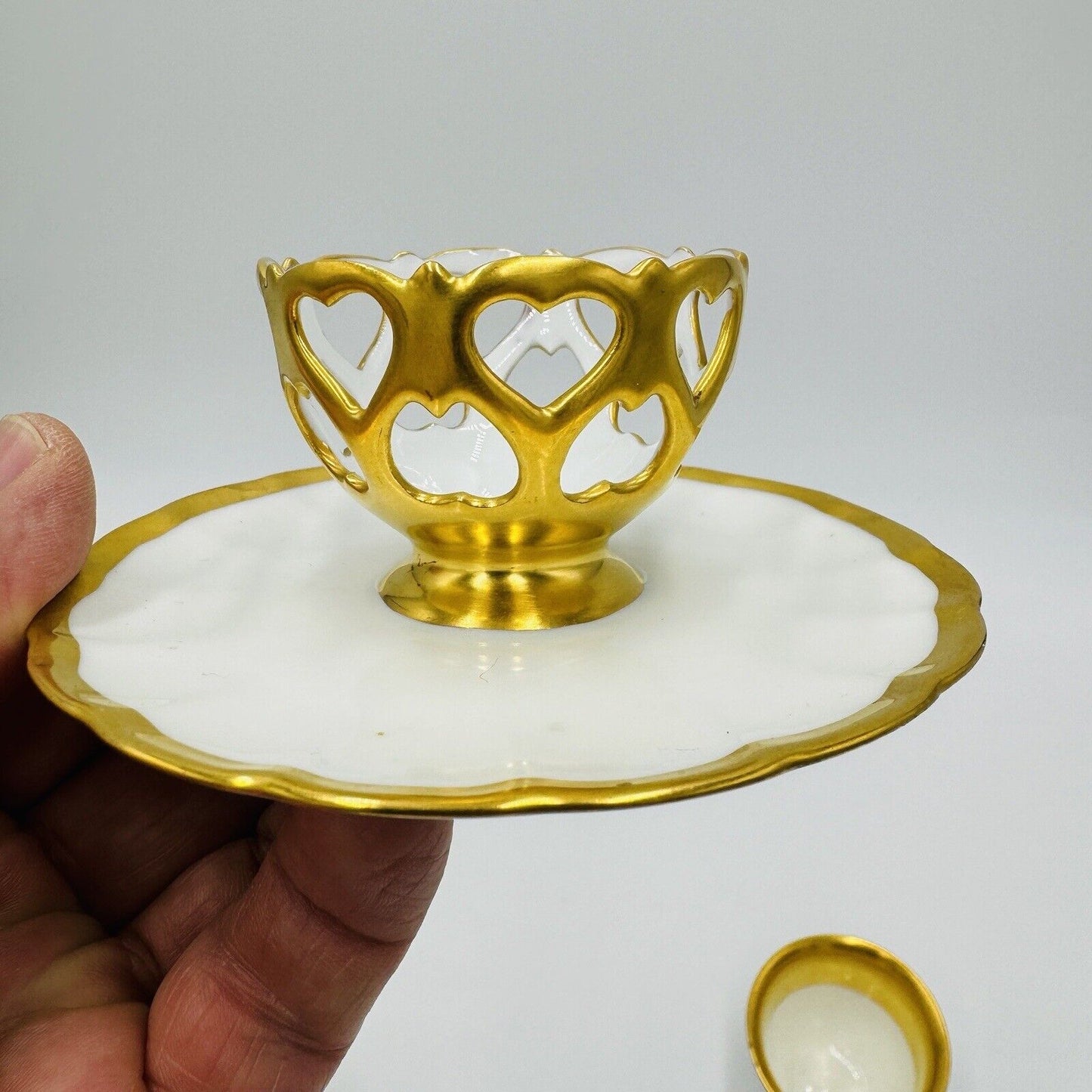 French Porcelain Gold Trim Egg Cups 3 Pieces Unmarked Rare Antique Serveware