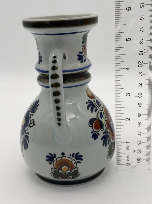 Delft Dutch Art Pottery Polychroom Pitcher Hand-Painted Floral Ceramic Vase 6”