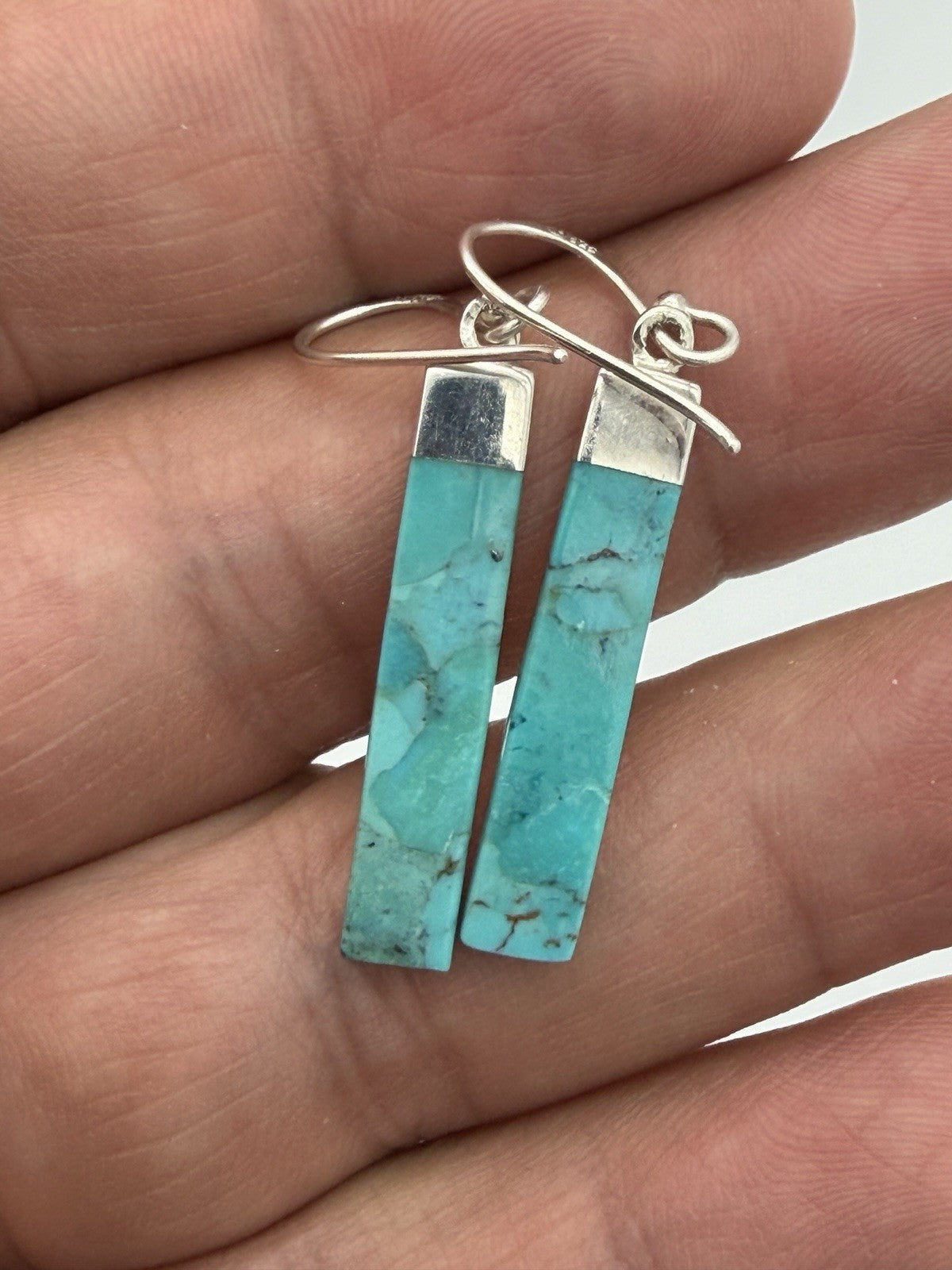 Sterling silver dangle earrings slender rectangular turquoise stone drops 925