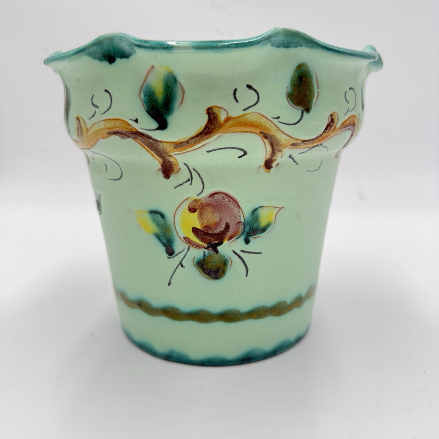 Vintage 1983 KBNY Art Pottery Italy Hand Painted # 1554/150 Green Planter 5”x6”