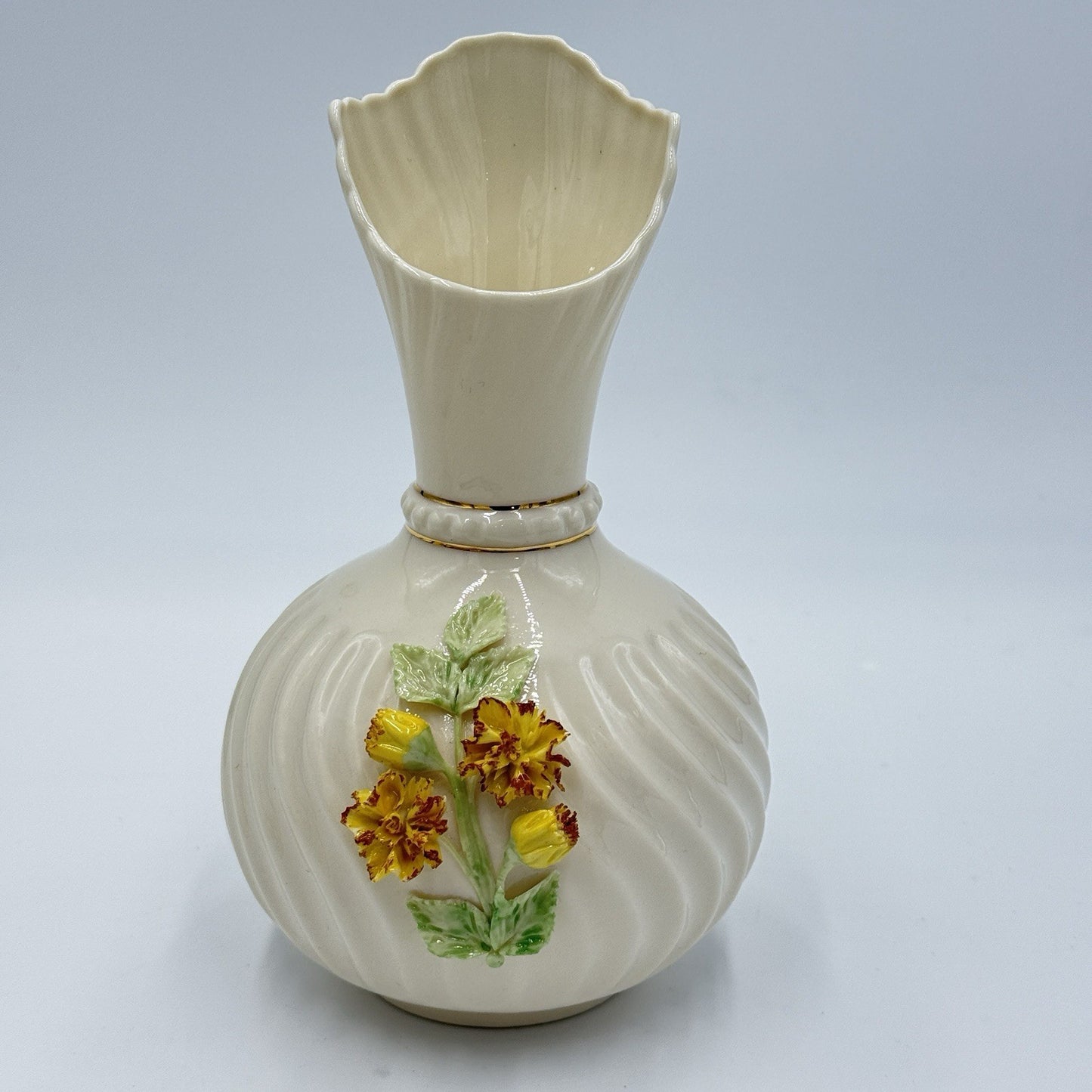 Belleek Ireland Vase Off White Applied Yellow Floral Vintage 7in Tall Porcelain