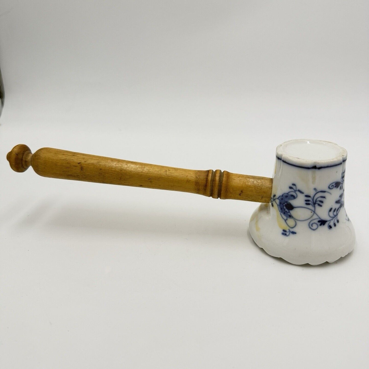 Antique Meissen Germany Blue Onion Meat Tenderizer with Wooden Handle Flaw