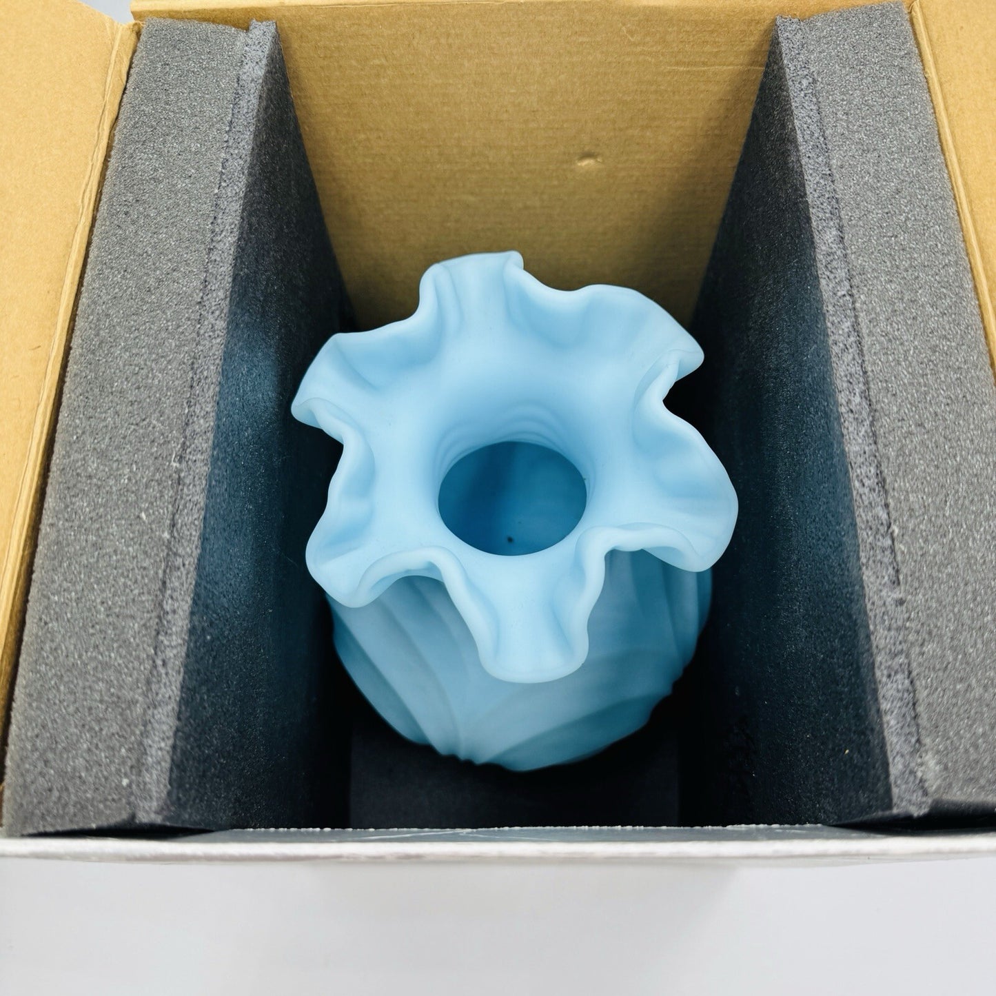 Fenton Draped Blue Satin Glass Vase Vintage Art Glass Ruffled Edge Drapery 8in