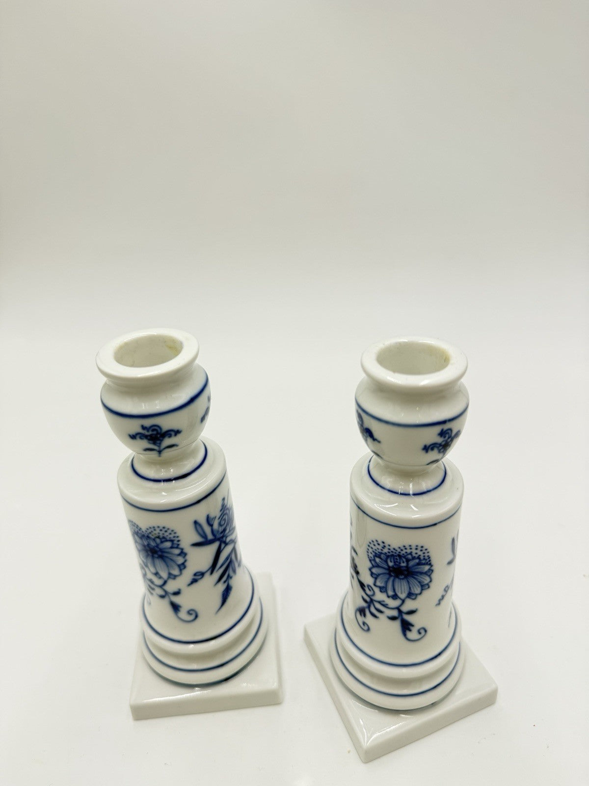 Antique Meissen Porcelain Blue Onion Candle Holder 6” Pair Germany Hand Painted