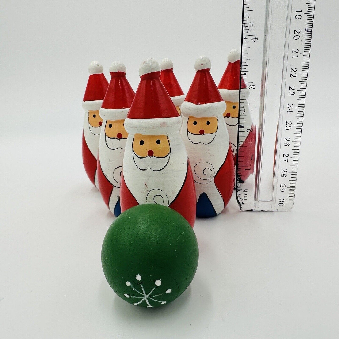 Bowling Pins Ball Santa Claus Wooden Christmas Decor Vintage Hand Painted Set