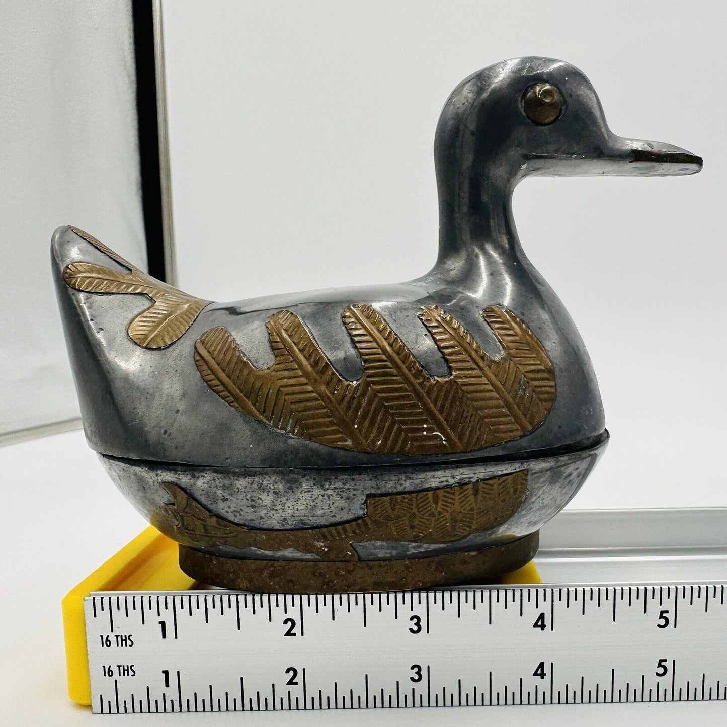 Duck Trinket Jewelry Box Pewter Brass Metal Hand Crafted Vintage 1960s MCM
