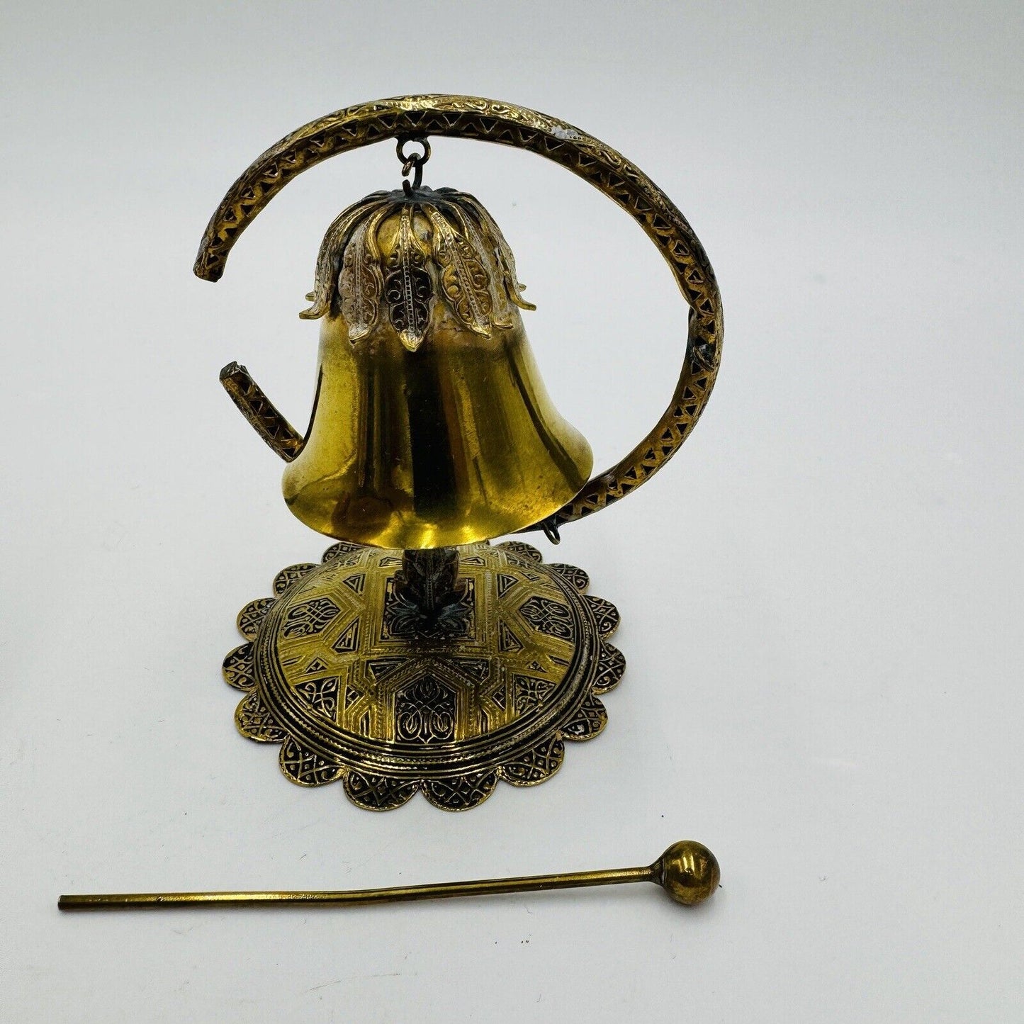 Brass Miniature Gong Ornate Bell Embossed 4in H Vintage Home Decor