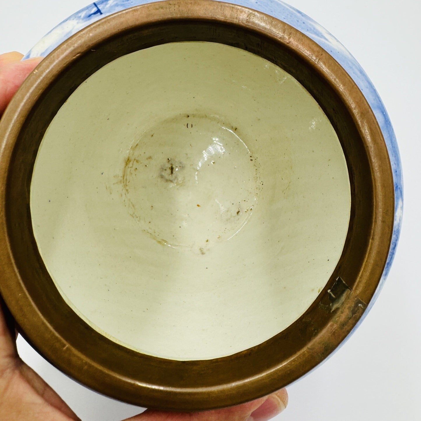 Rare Delft White & Blue Pottery Dutch Bronze Rim Nautical Antique Unmarked 6in H
