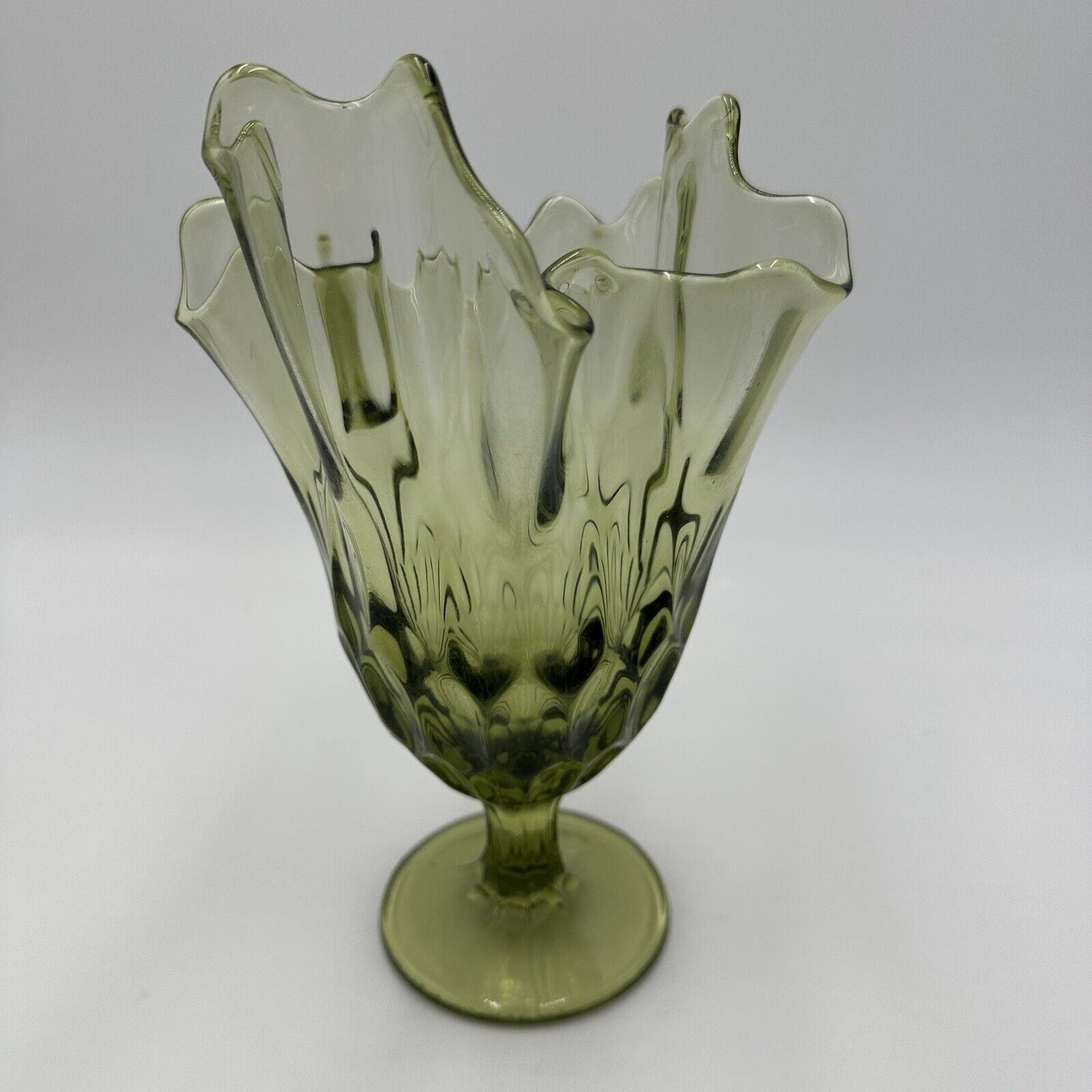 Fenton Vase Glass Colonial Green Thumbprint Handkerchief Compote Ruffled Art