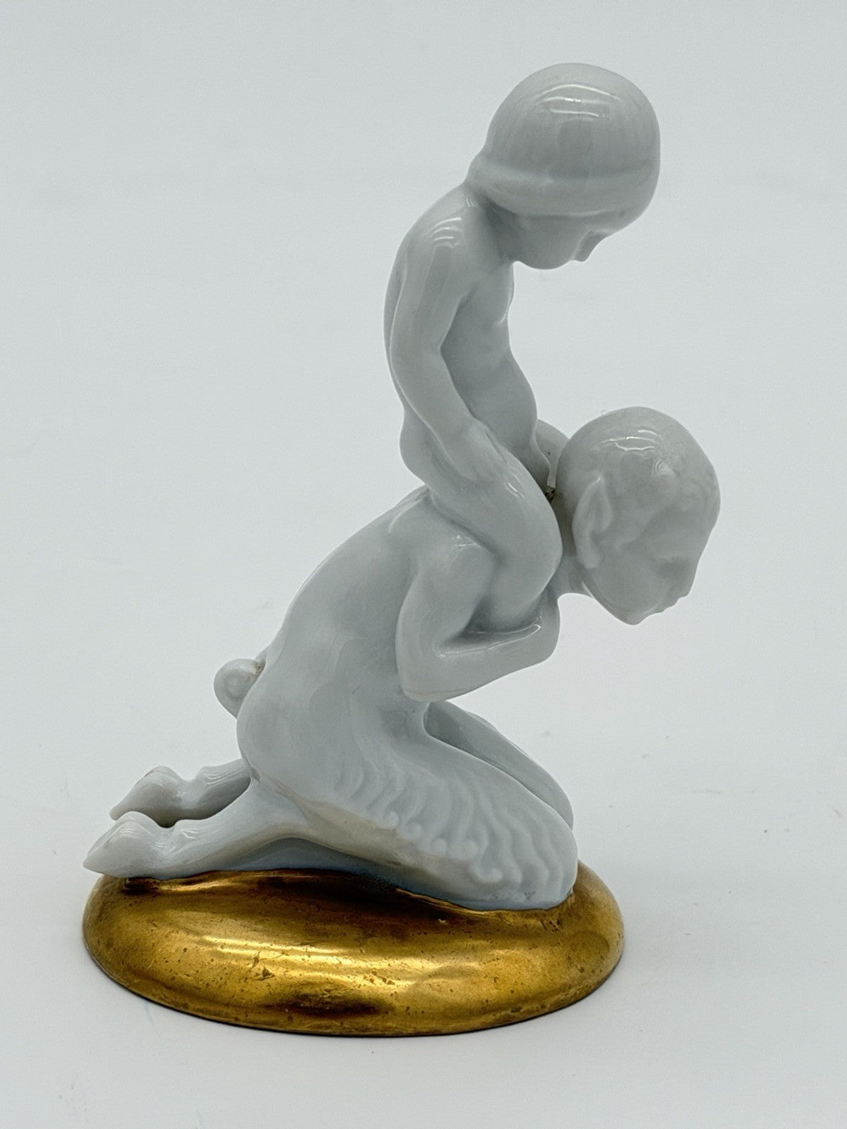 Antique Fraureuth Saxony Art Nouveau Germany Faun & Baby White/Gold Figurine 3.5