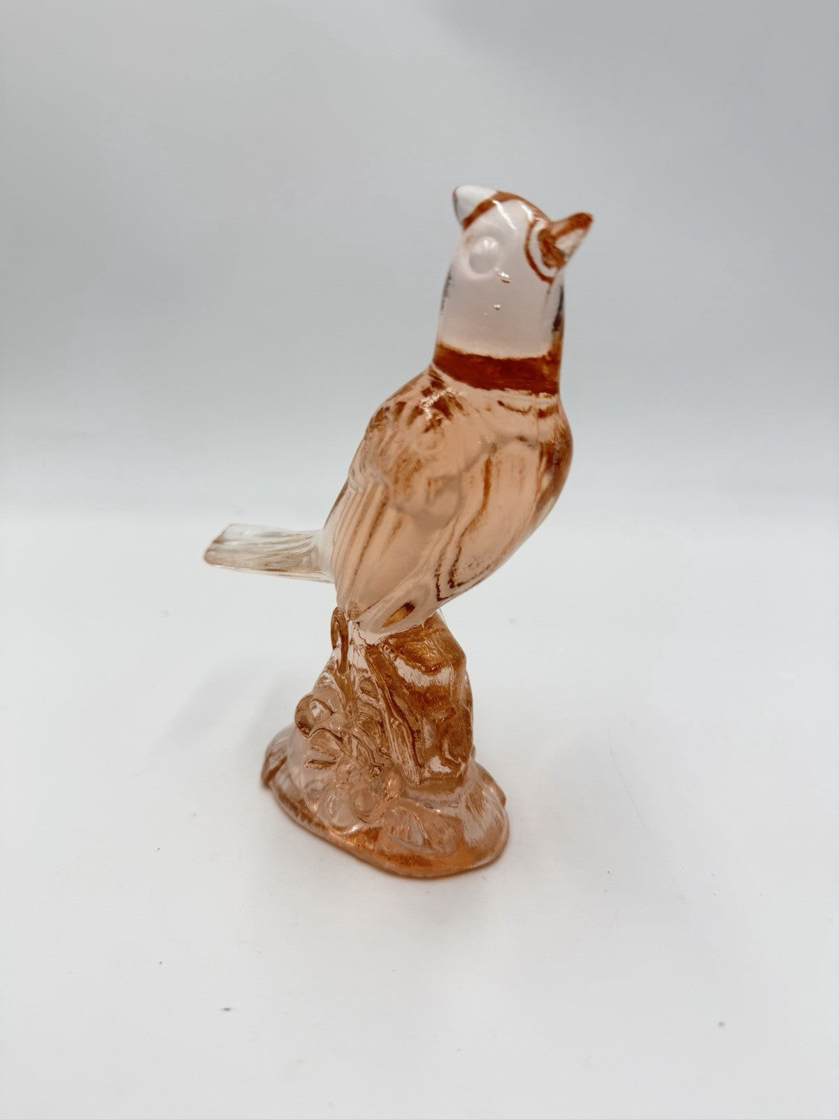 Vintage Mosser Art Glass Peach Frosted Cardinal Bird Figurine 5”H X5”L