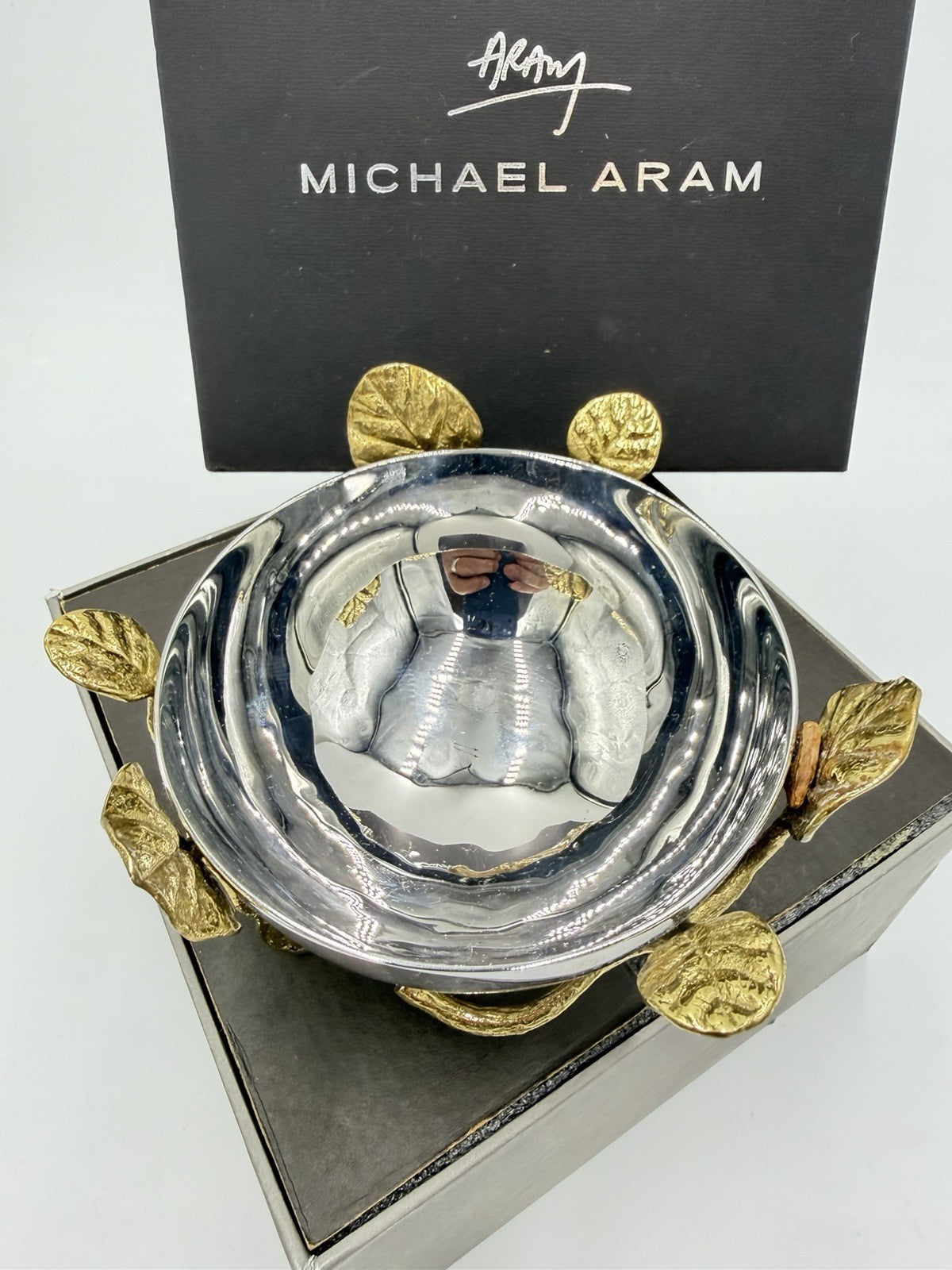 Michael Aram Botanical Lovebirds Ginkgo Branch Stainless Gold 3”x5” Nut Bowl