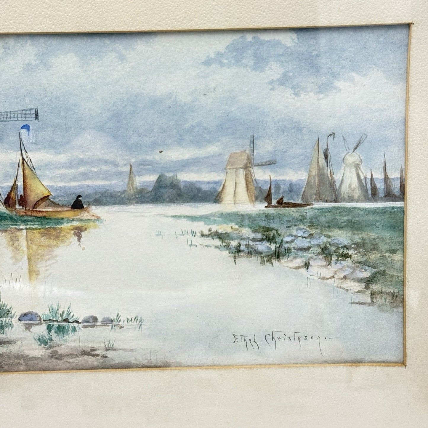 Dutch Scene Windmill & Boats Watercolor Painting signed Ethel Christpson Origin