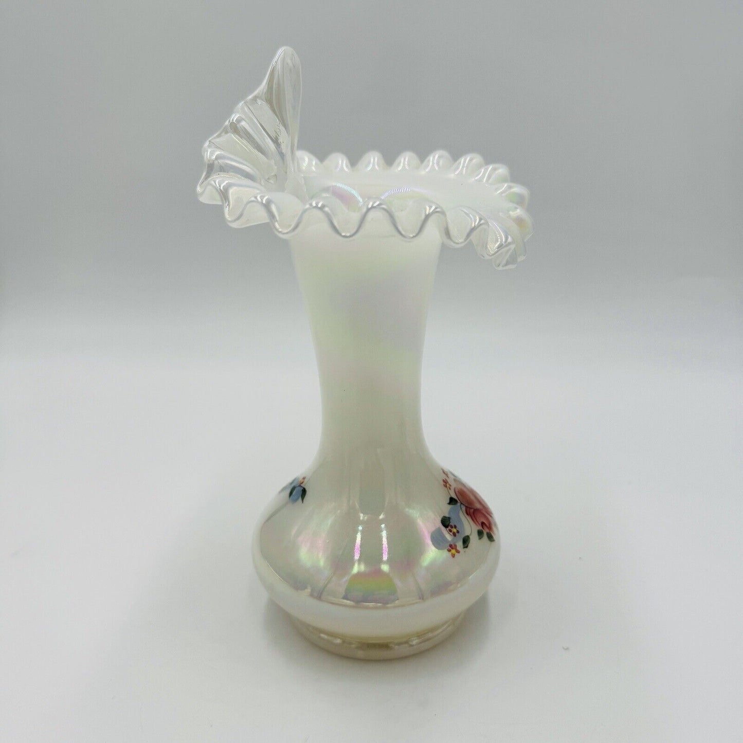 Fenton Art Glass Floral Iridescent Jack In The Pulpit Vase Handpainted Signed 9"