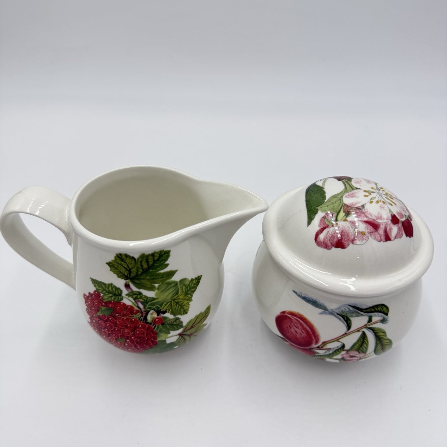 Vintage Portmeirion Pomona English China Creamer & Sugar Bowl Set Floral Fruit