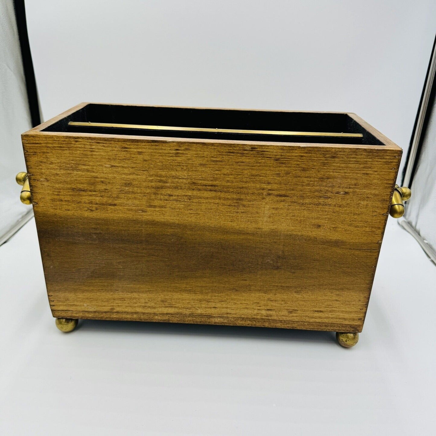 Magazine Holder Brass Handles Vintage Solid Wood Hollywood Regency Storage Decor
