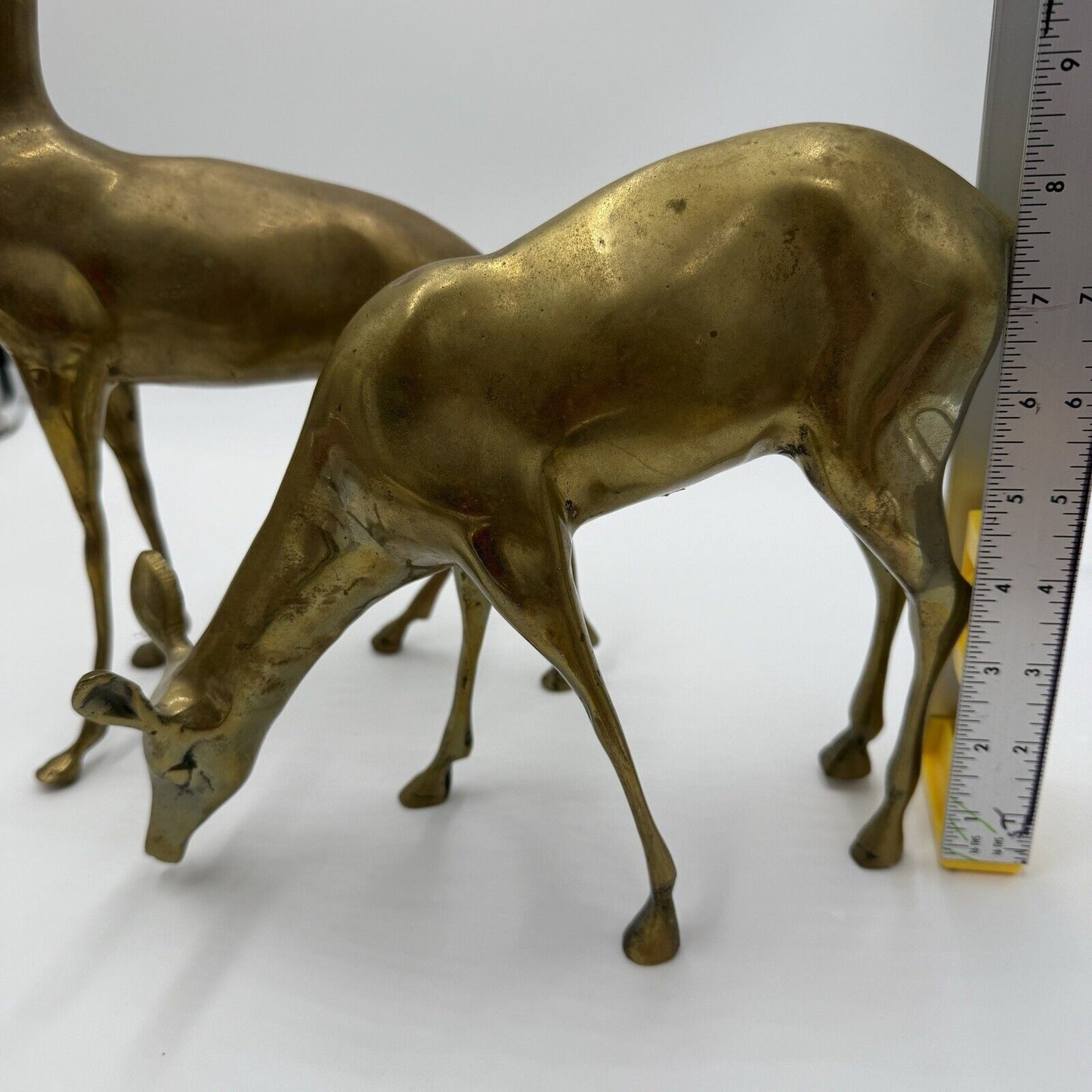VINTAGE BRASS DEER Pair LARGE 13” Buck 9” DOE Mid Century Solid Retro Sculptures