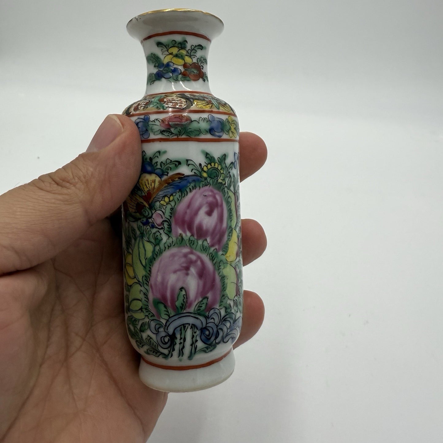 Vtg Chinese Famille Rose Canton 5” Vase Hand Painted Porcelain Made Hong Kong