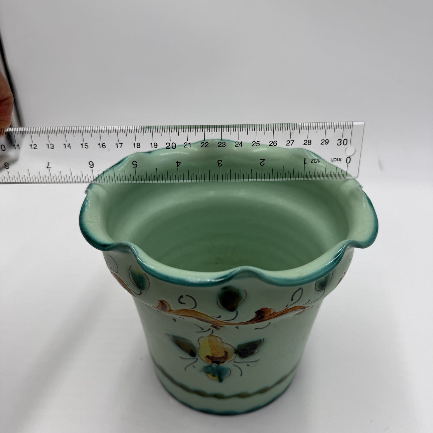 Vintage 1983 KBNY Art Pottery Italy Hand Painted # 1554/150 Green Planter 5”x6”