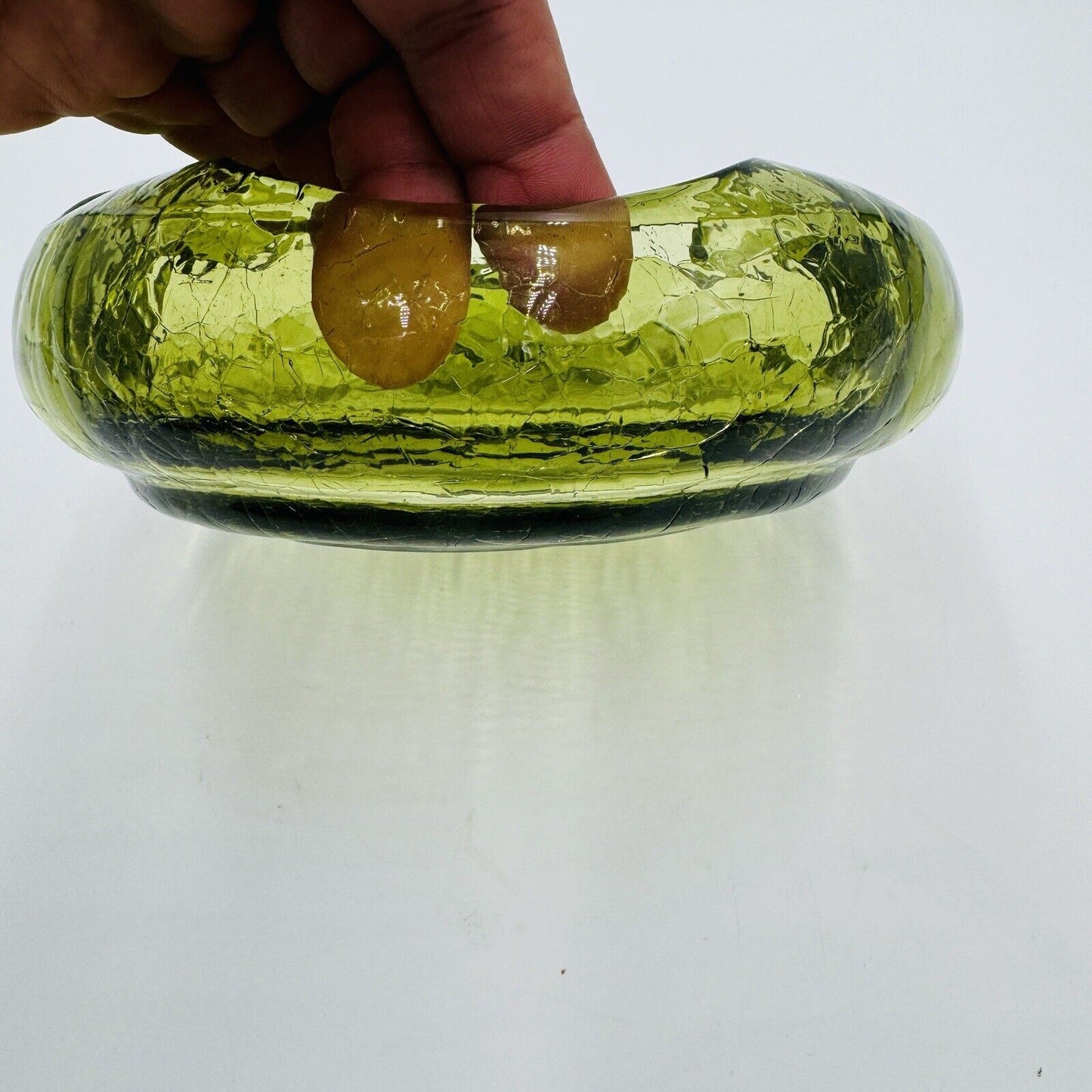 Viking Art Glass Cigar Ashtray Green Crackle MCM Vintage 7”