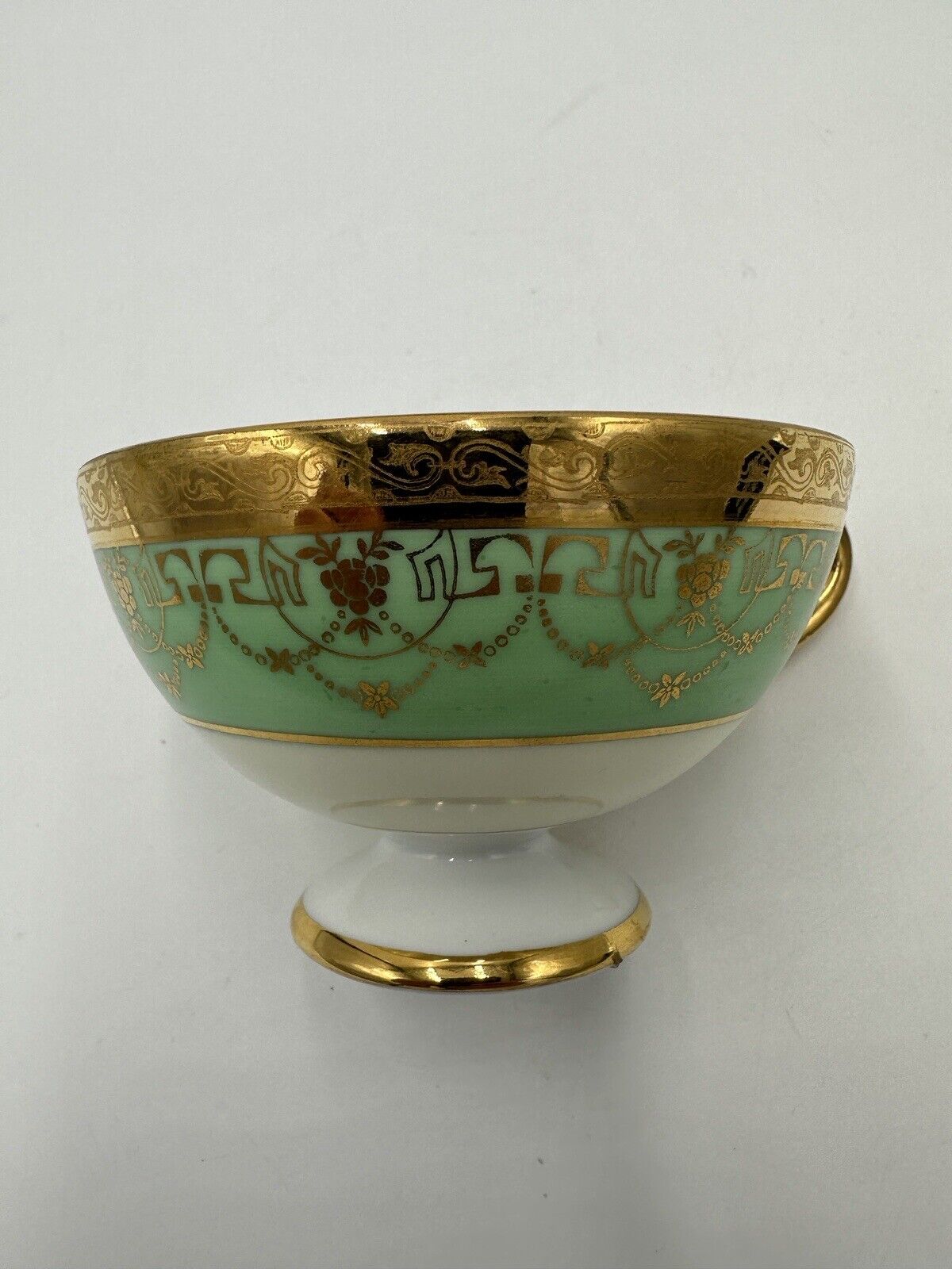 Czchoslovakia Bohemia Teacup Footed 24K Gold Encrusted Green Serveware Porcelai
