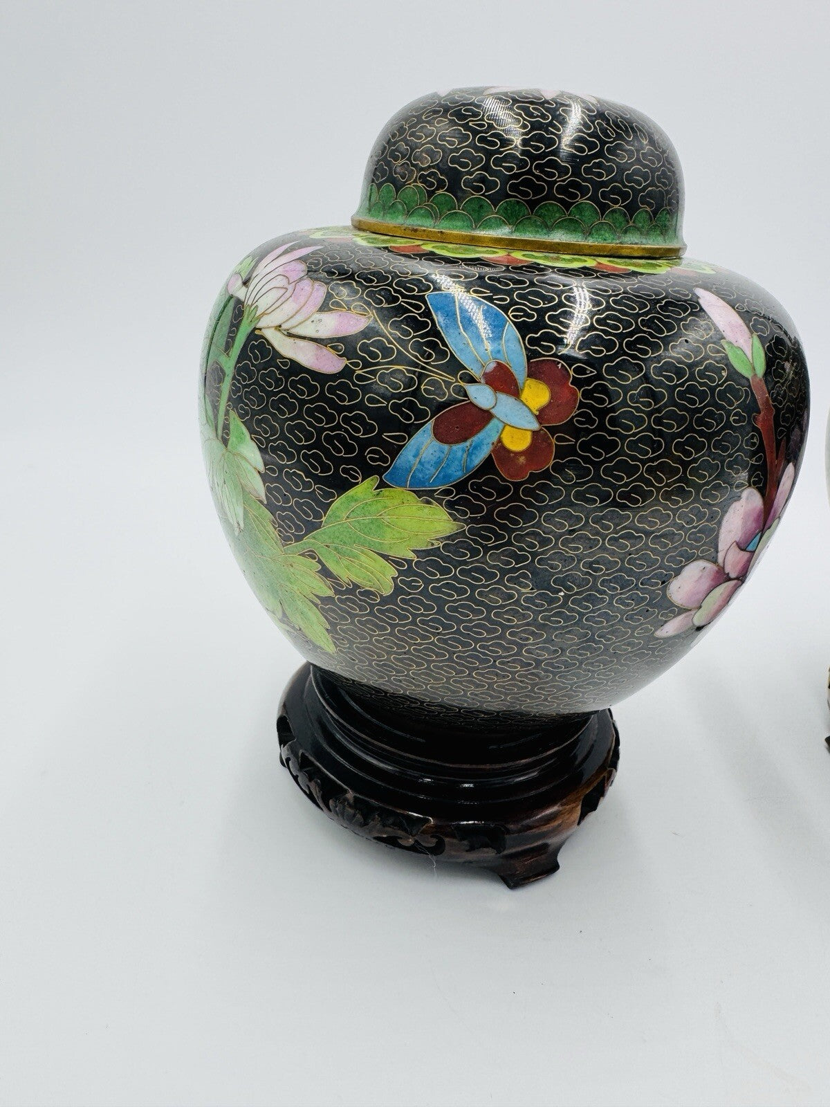 Vintage Cloisonne Brass Enameled Ginger Jar Floral Butterfly Inlay Design 7in