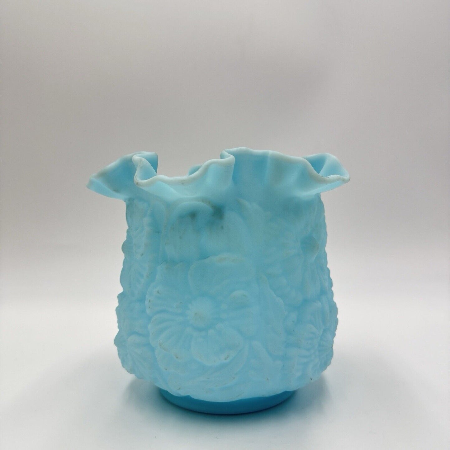 Vtg Fenton Blue Satin Glass Vase Ruffled Edge Poppy/Daisy Large 6" H x 6 1/2" W