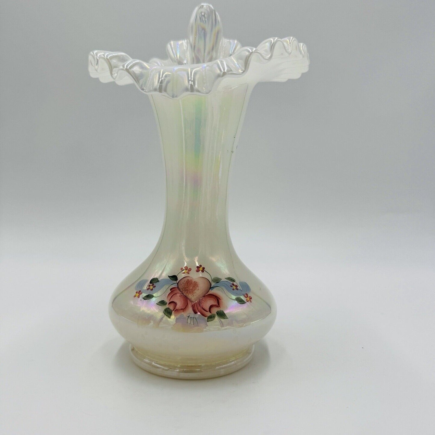 Fenton Art Glass Floral Iridescent Jack In The Pulpit Vase Handpainted Signed 9"