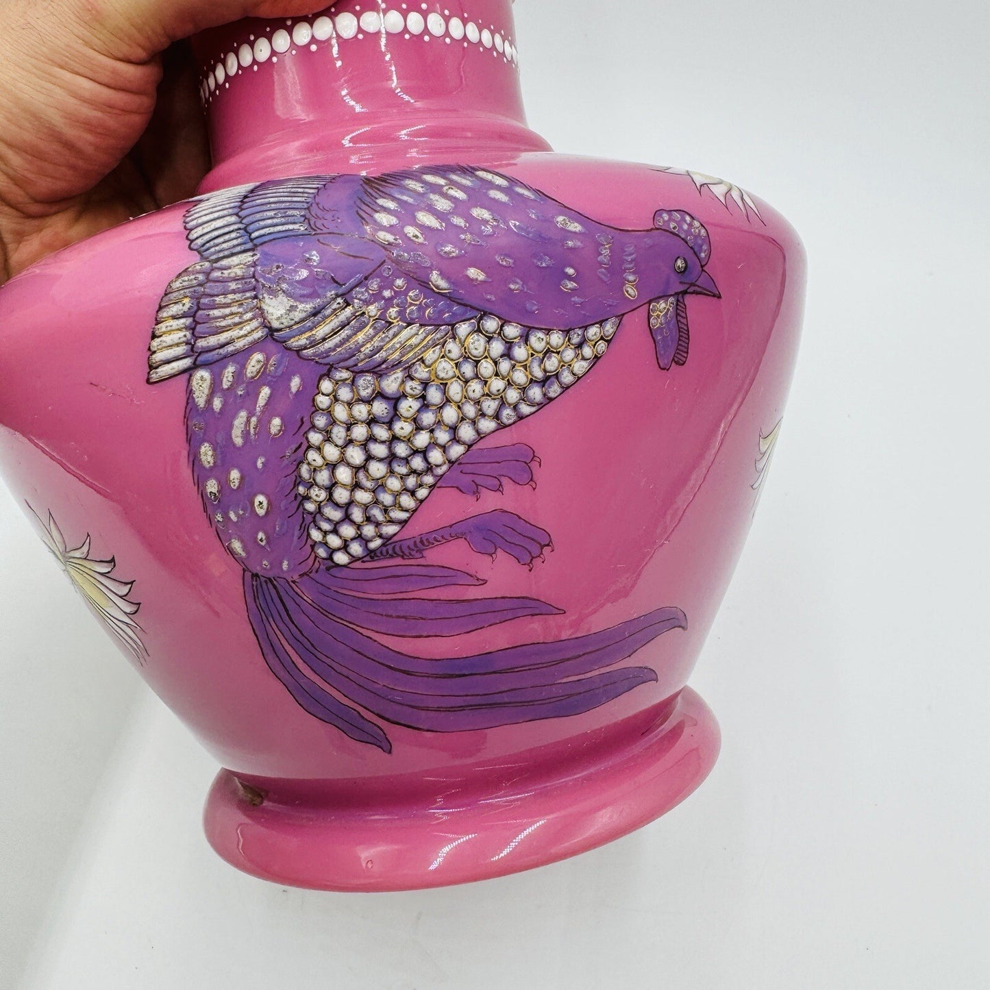 Victorian aesthetic pink opaline glass vase Roosters Fighting Daisies Large Rare