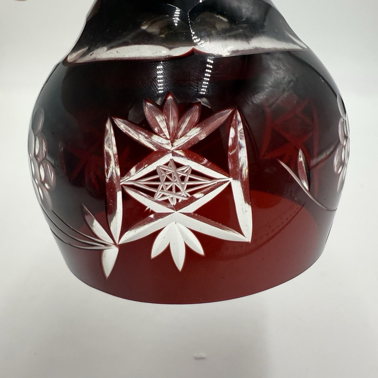 Vtg Ruby Red Art Cut Glass Crystal Bell Ornate Gold Tone Brass Handle Poland
