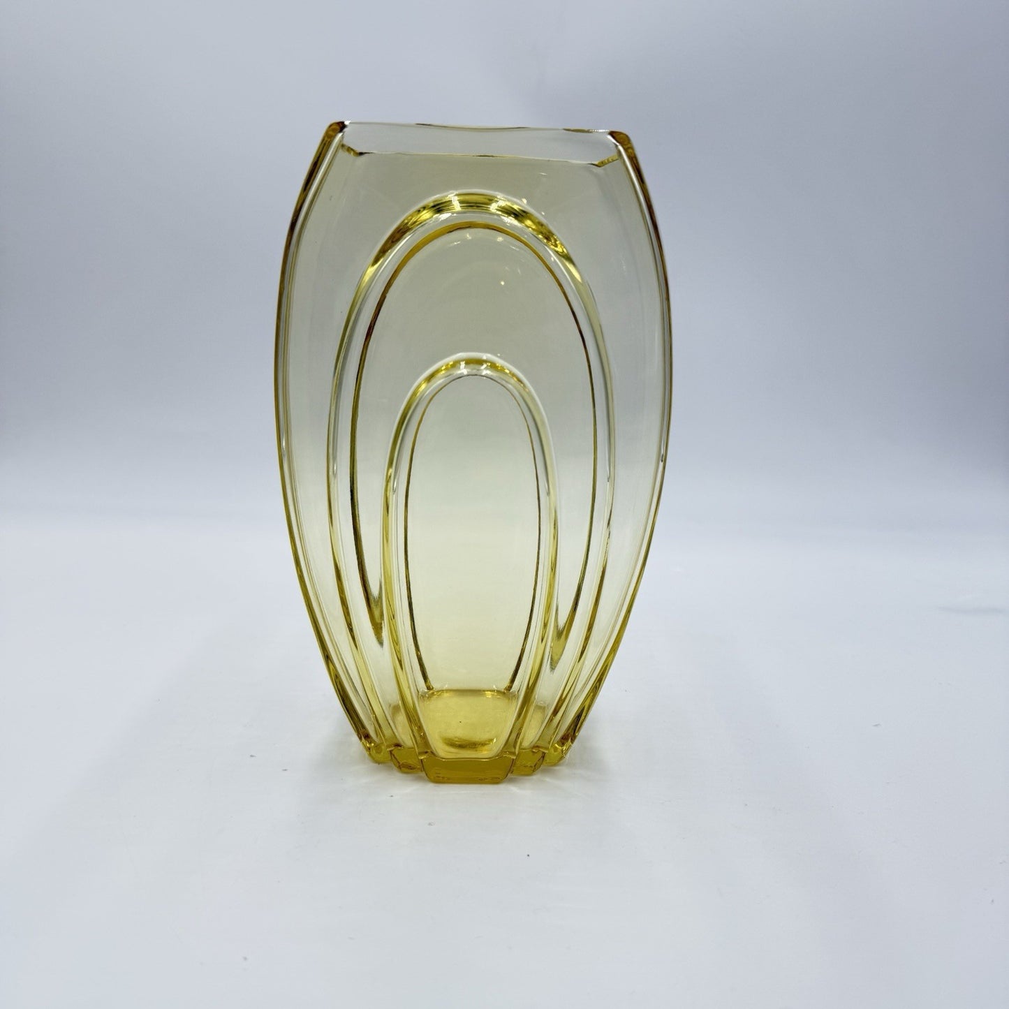 GEORGE SAKIER Fostoria Art Glass Amber Yellow MCM Vase 7.5” USA Rare