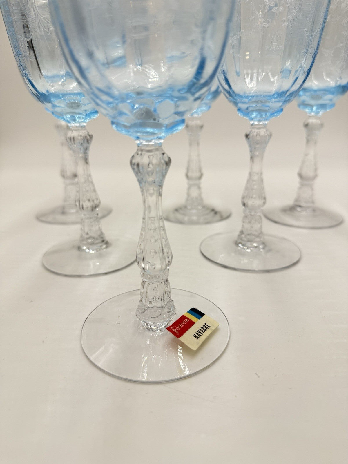 Fostoria Navarre Blue Art Glass Water Goblets Vintage Etched Floral 7.5” Set 6