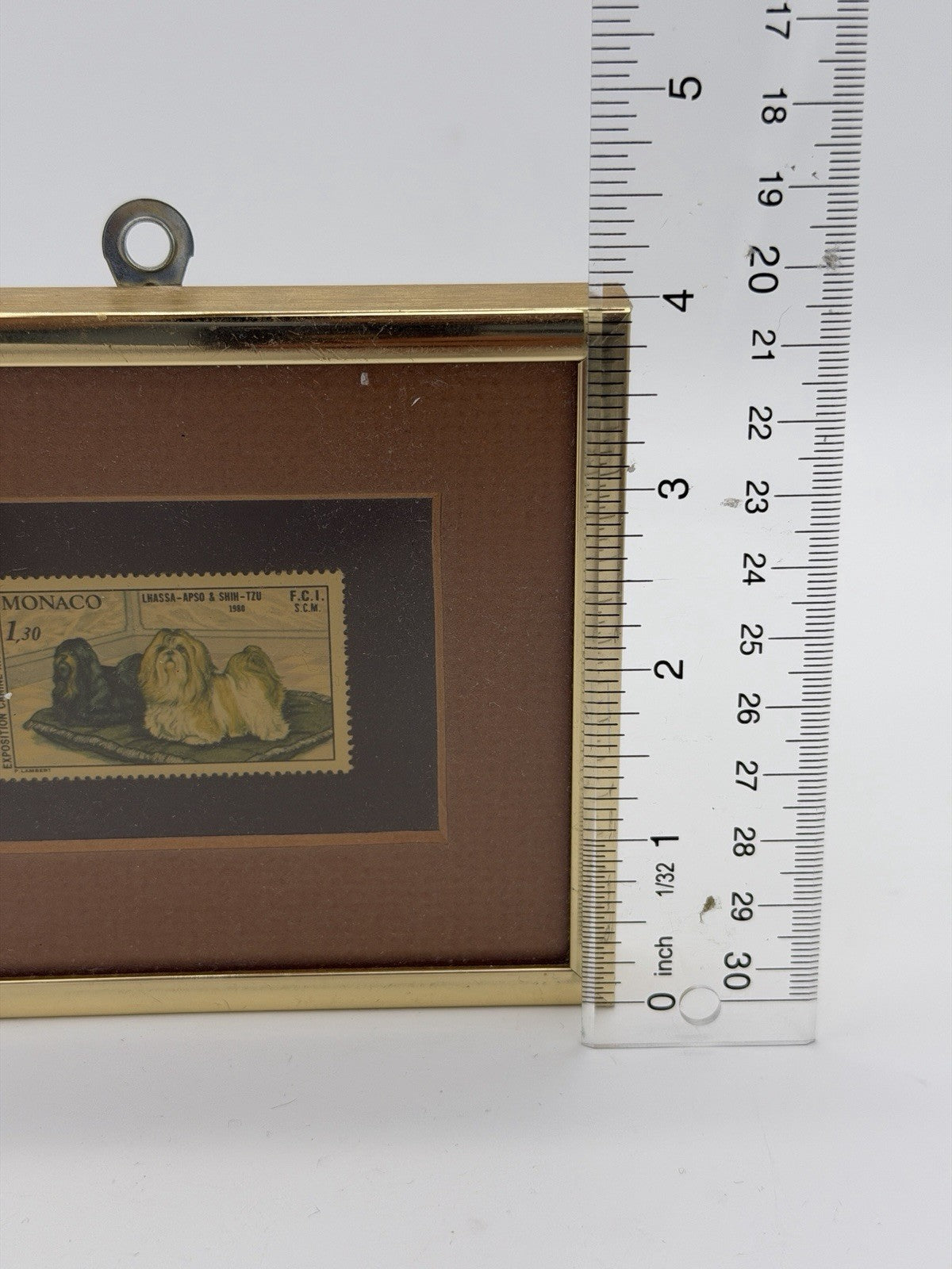 1980 postage stamp Monaco Lhasa Apso & Shih-Tzu dogs mini gold frame 4x5