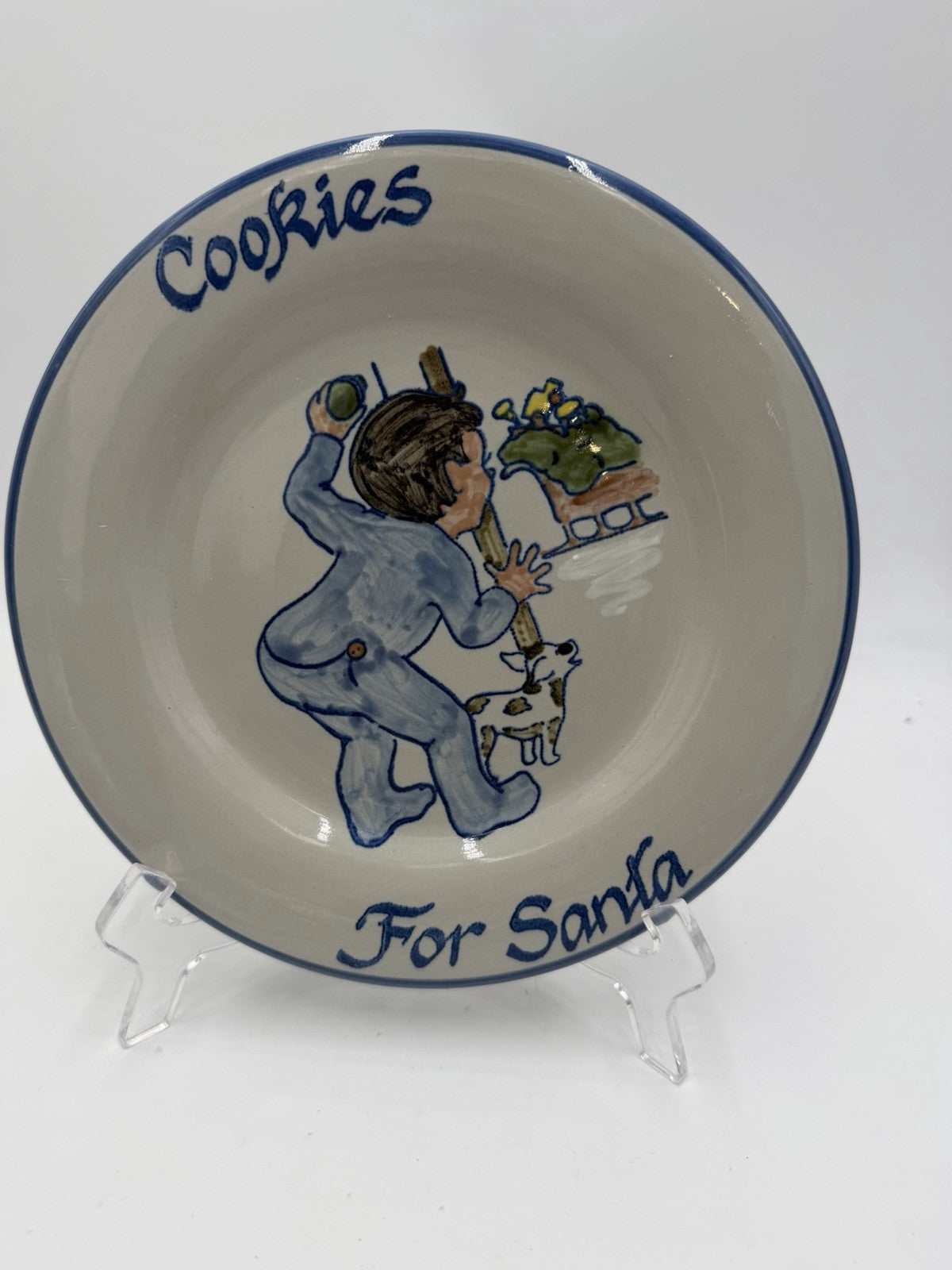 Louisville Stoneware Kentucky Pottery Cookies For Santa Plate 9” Blue Rim Boy