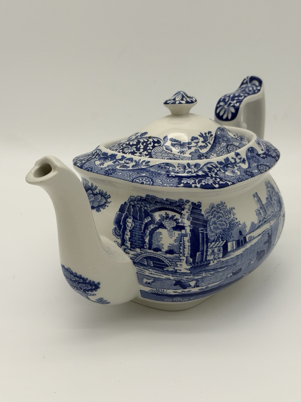Large Spode England Porcelain Italian Blue & White Teapot 17/A4 Scenic 10”x5”