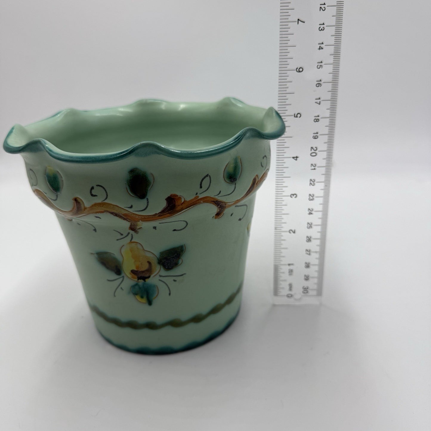 Vintage 1983 KBNY Art Pottery Italy Hand Painted # 1554/150 Green Planter 5”x6”