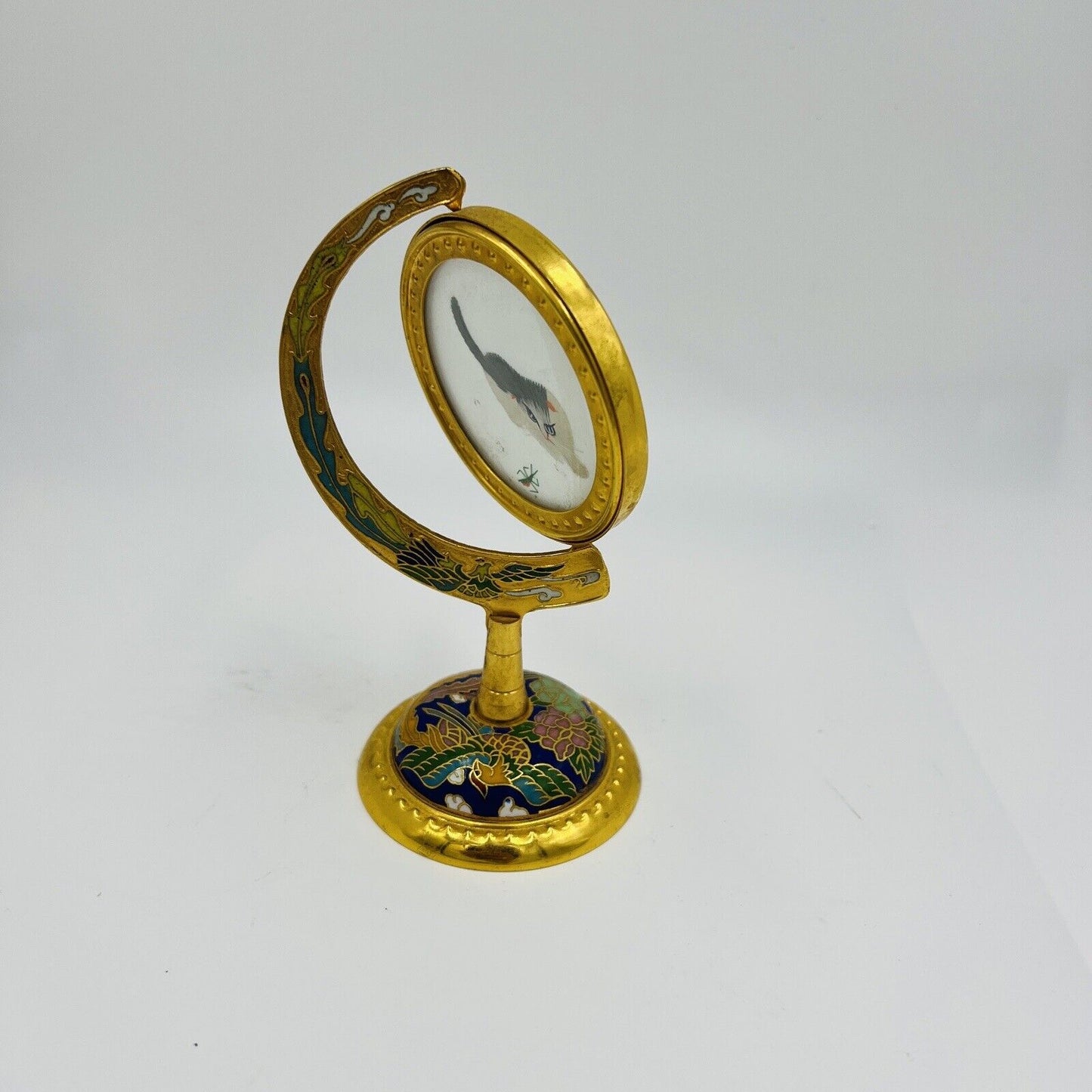 Chinese Globe Cloisonné Cat Stand Brass Embroidered Silk Gold Tone Spin Decor