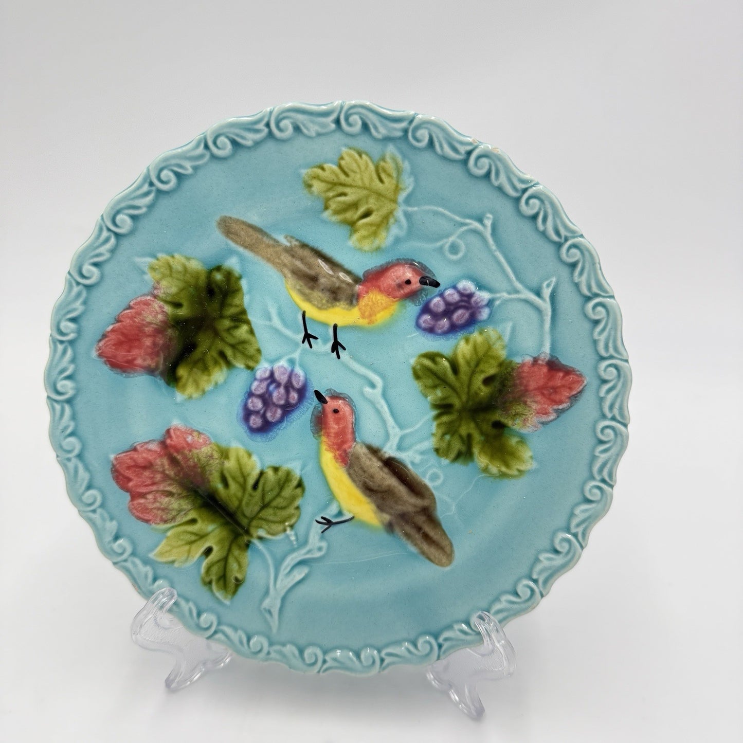 Antique 1920s Zell Germany Birds and Berries 6.5” Majolica, Turquoise Plate #230