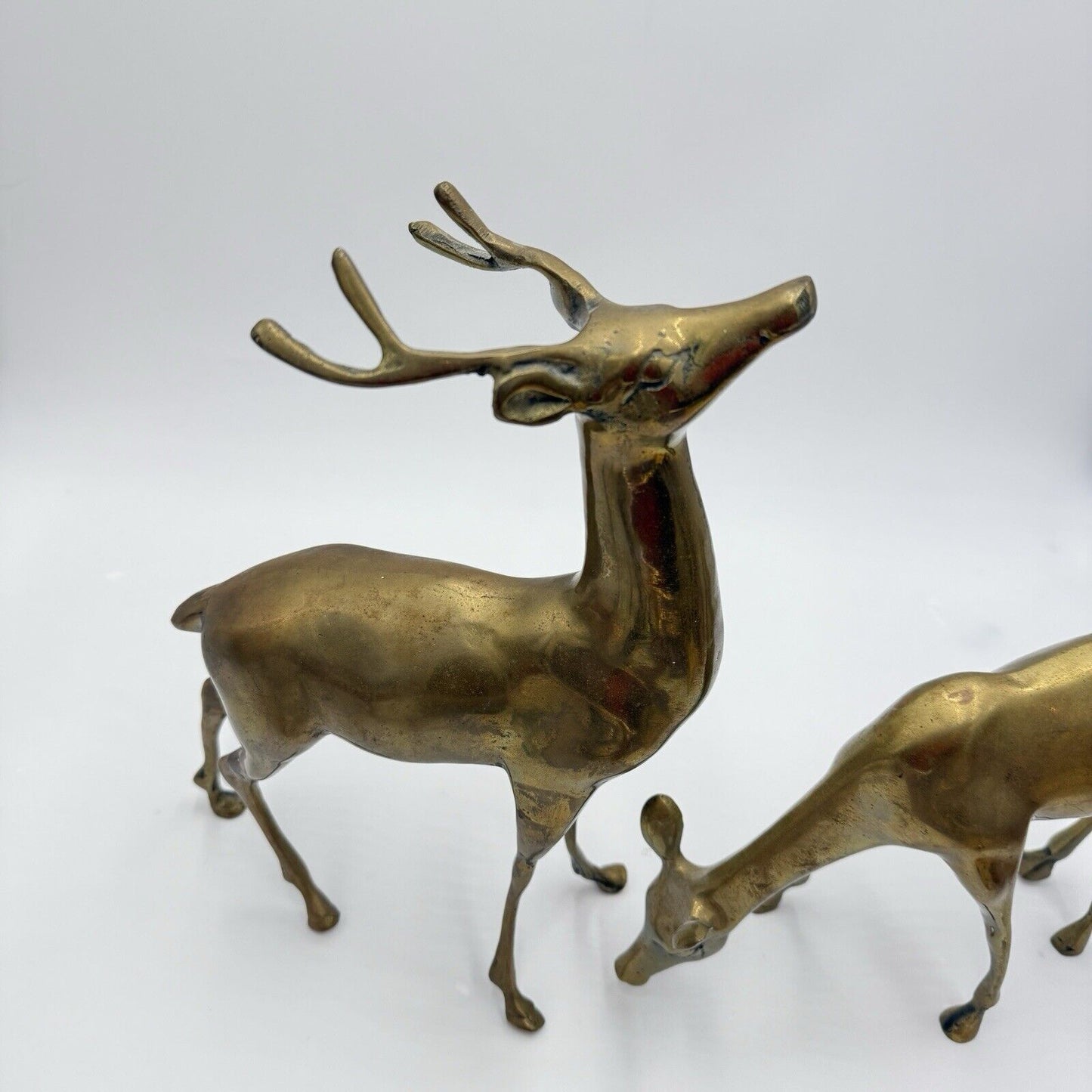 VINTAGE BRASS DEER Pair LARGE 13” Buck 9” DOE Mid Century Solid Retro Sculptures