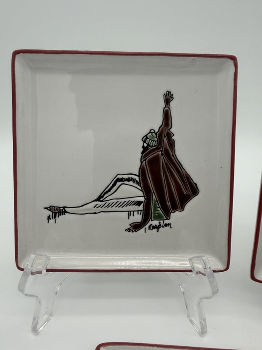 Rare Mary Blair Signed Stoneware Square Skating On Ice Trays Victorian Couples