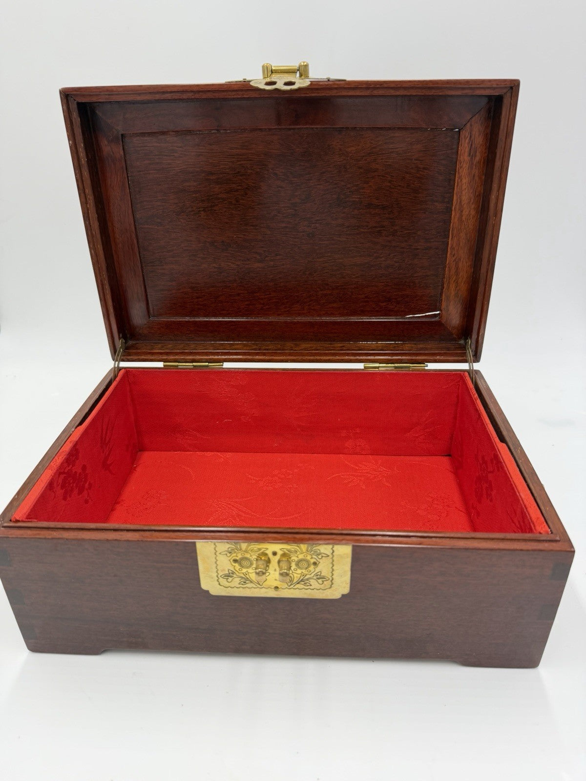 Vintage Chinese Jewelry Carved Rosewood Brass Accents Red Lining Jewelry Box