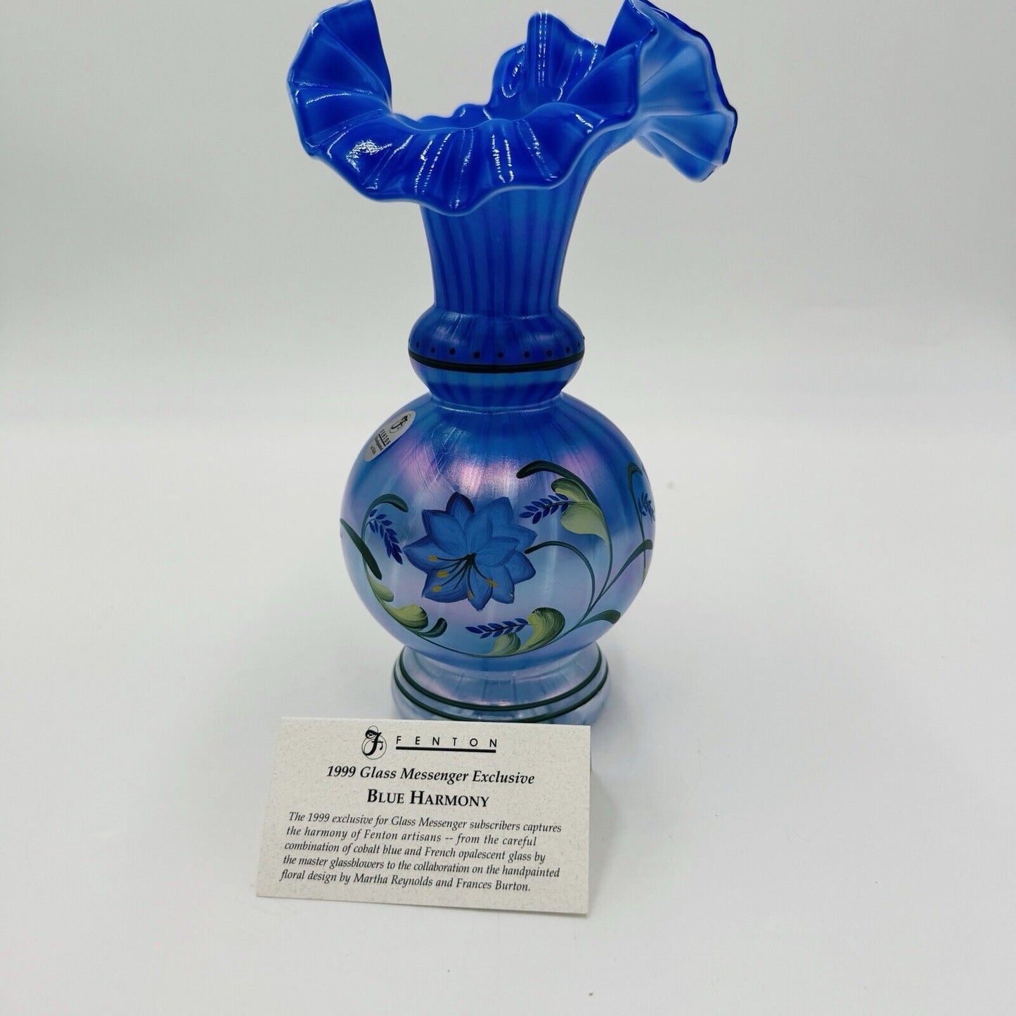 Fenton Art Glass 1999 Messenger Exclusive Blue Harmony Vase Signed Dan Fenton