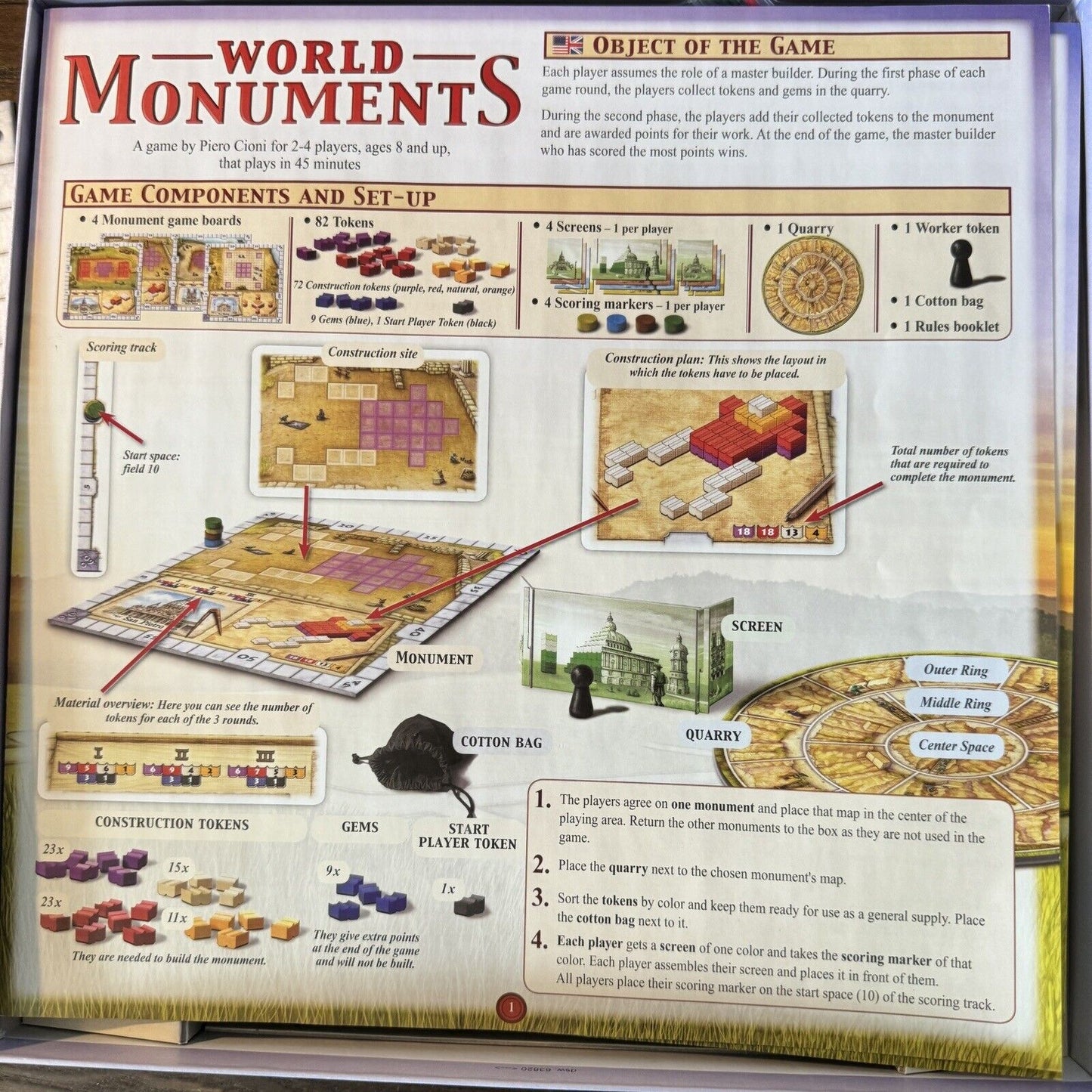 Queen Games World Monuments Piero Cioni 2016 Big Wooden Piece 2-4 Players Fun